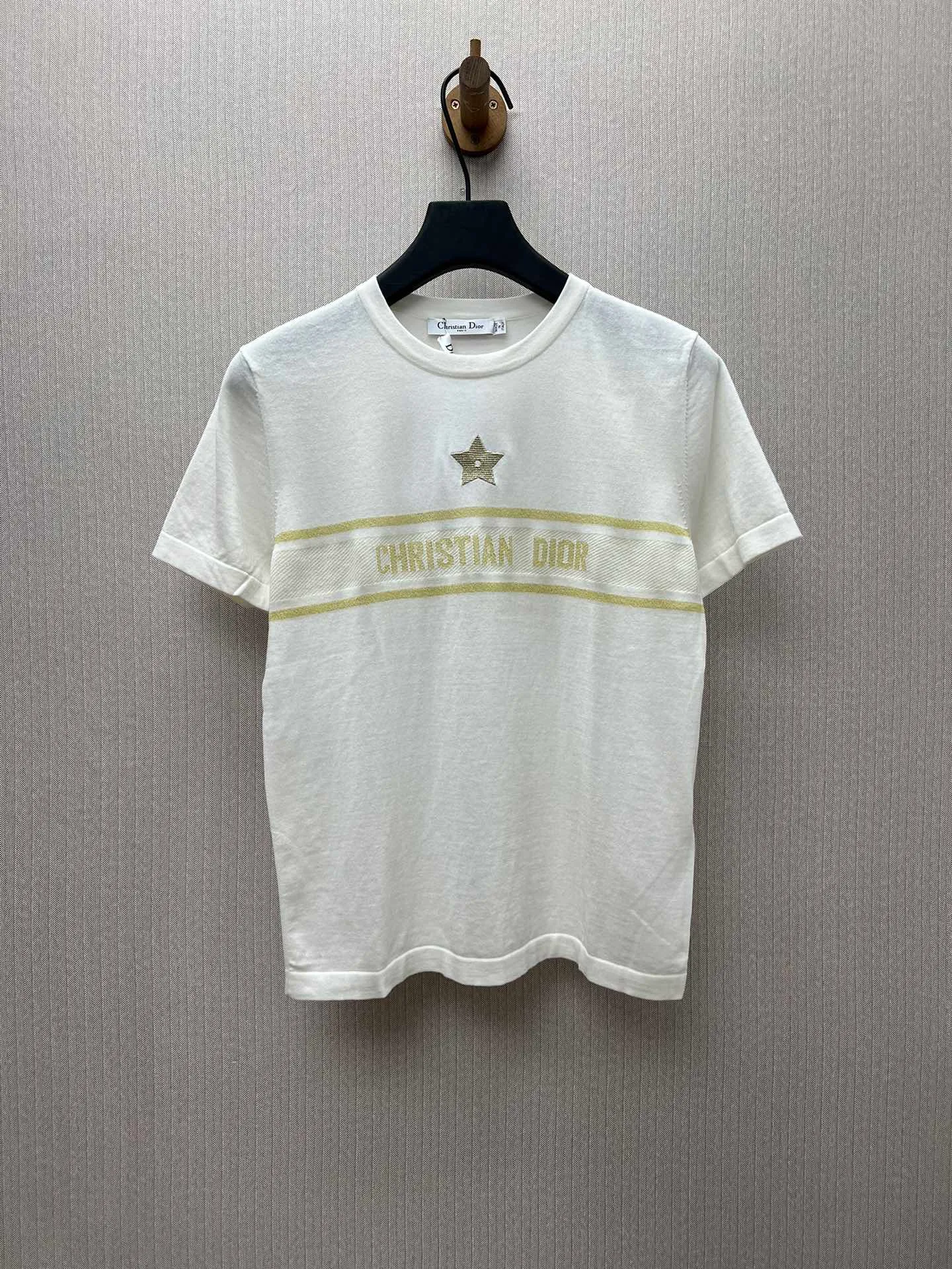 🅿️440 Dior 25ss new round neck star knitted short sleeves, letters and star crochet pattern on the chest, high version, code number: S.M.L.