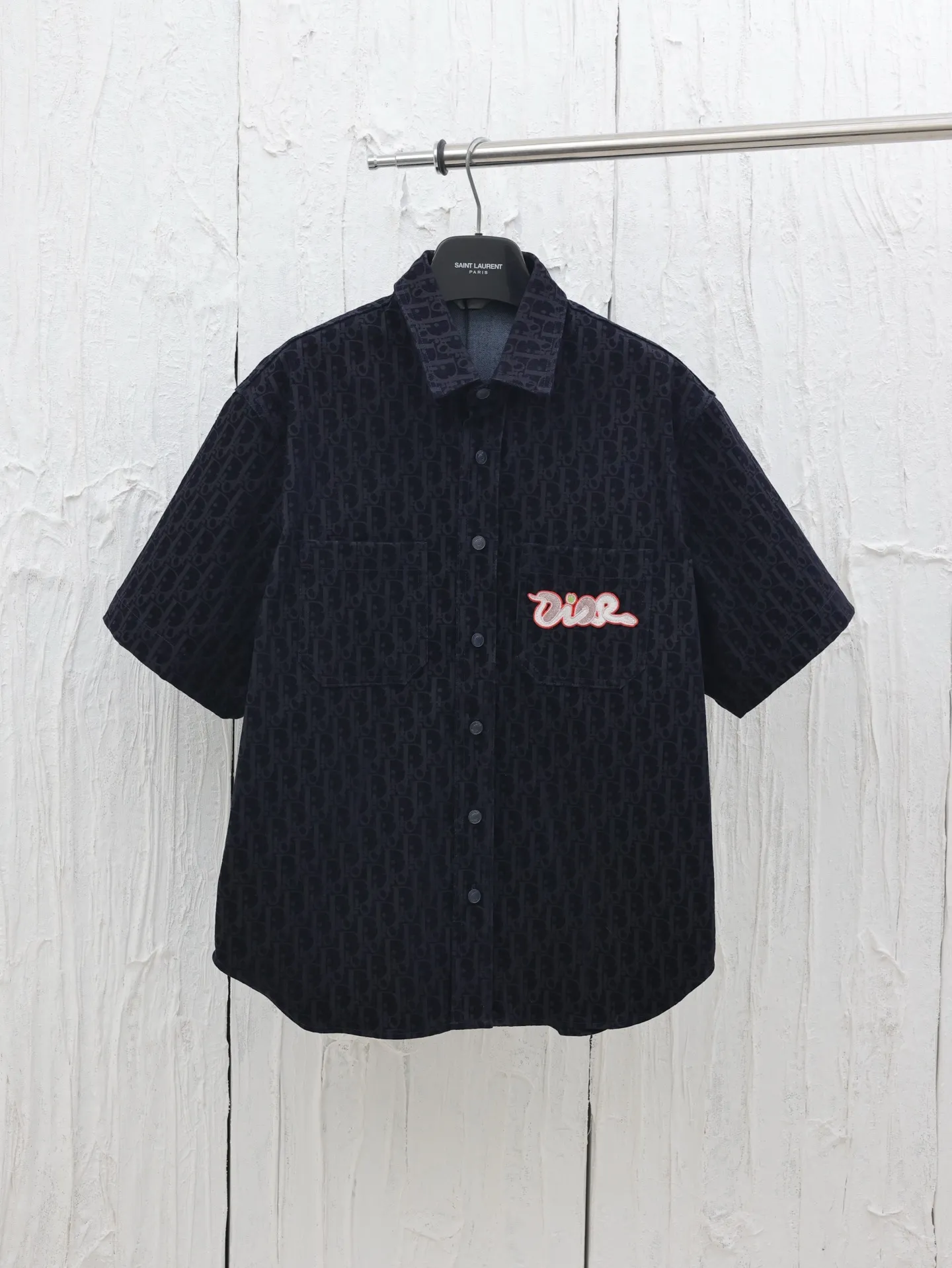 🅿️510 Dio*/Dior 25ss Year of the Snake pocket letter cotton blend denim short-sleeved shirt Size: S/M/L/XL
