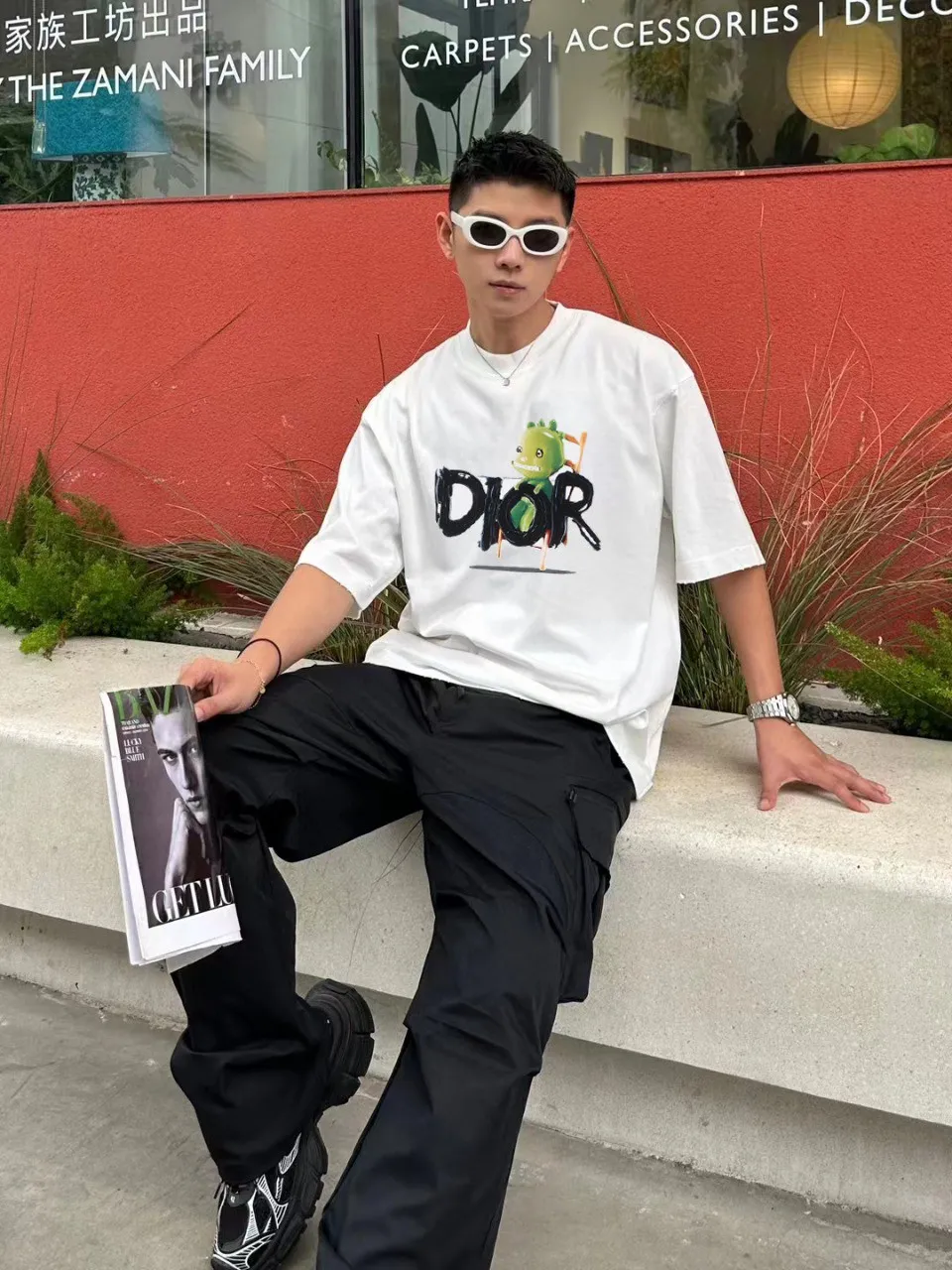 🅿️170 [DIOR Dior] 2025FW short-sleeved T-shirt LOGO printing High-end 26s double yarn 300g fabric Heavy fabric Customized frame ribbing in the same cylinder and dyeing Complete three standards Same style for men and women Color: Black White Size: S M L XL 2XL