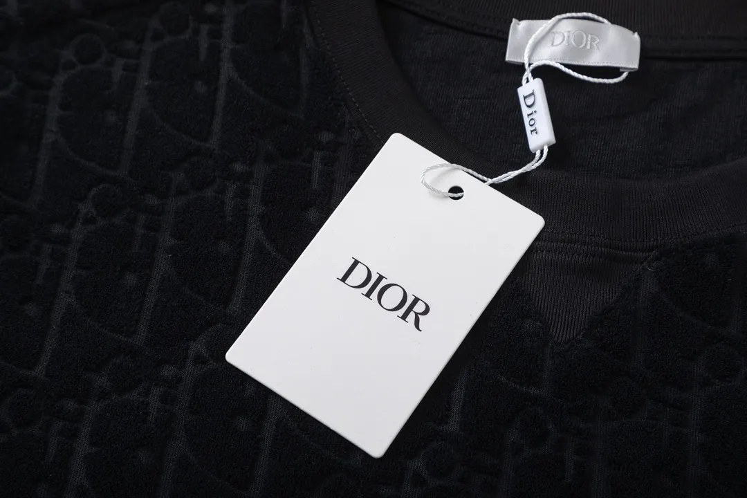 🅿️170 Dior Dior 2025 early spring new style customized towel jacquard fabric with dark letter logo all over, same style for men and women, short-sleeved T-shirt, color: black, size: XS-L