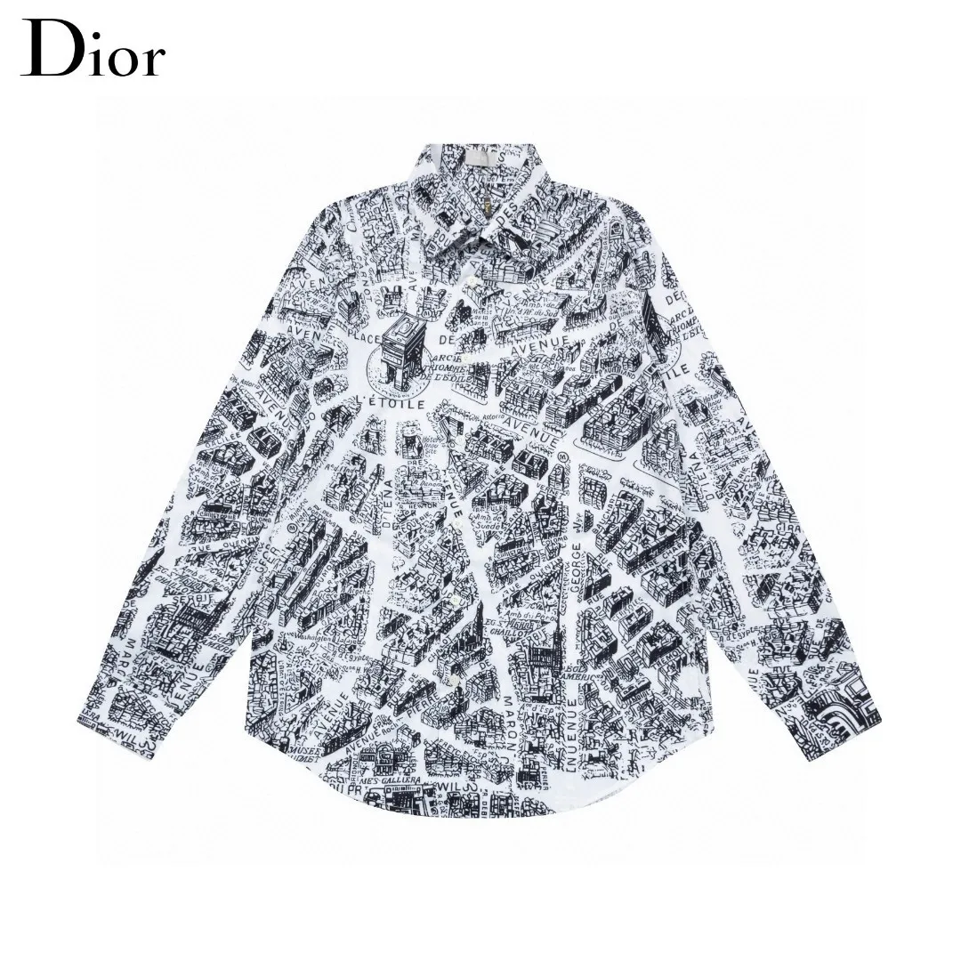 🅿️286 DIOR Dior's hot style is coming. Paris map architectural elements digitally printed long-sleeved shirt. 2024ss official website new long-sleeved shirt. Beautifully printed logo. High-end version. Customized fabrics at the counter. Highly breathable and comfortable. Seiko production. Impeccable detail processing. Customized logo engraved buttons with three complete labels. Brand element design concept reflects high quality. It feels delicate and soft! It presents a casual cut and the upper body shape is great! Size: M-XXL