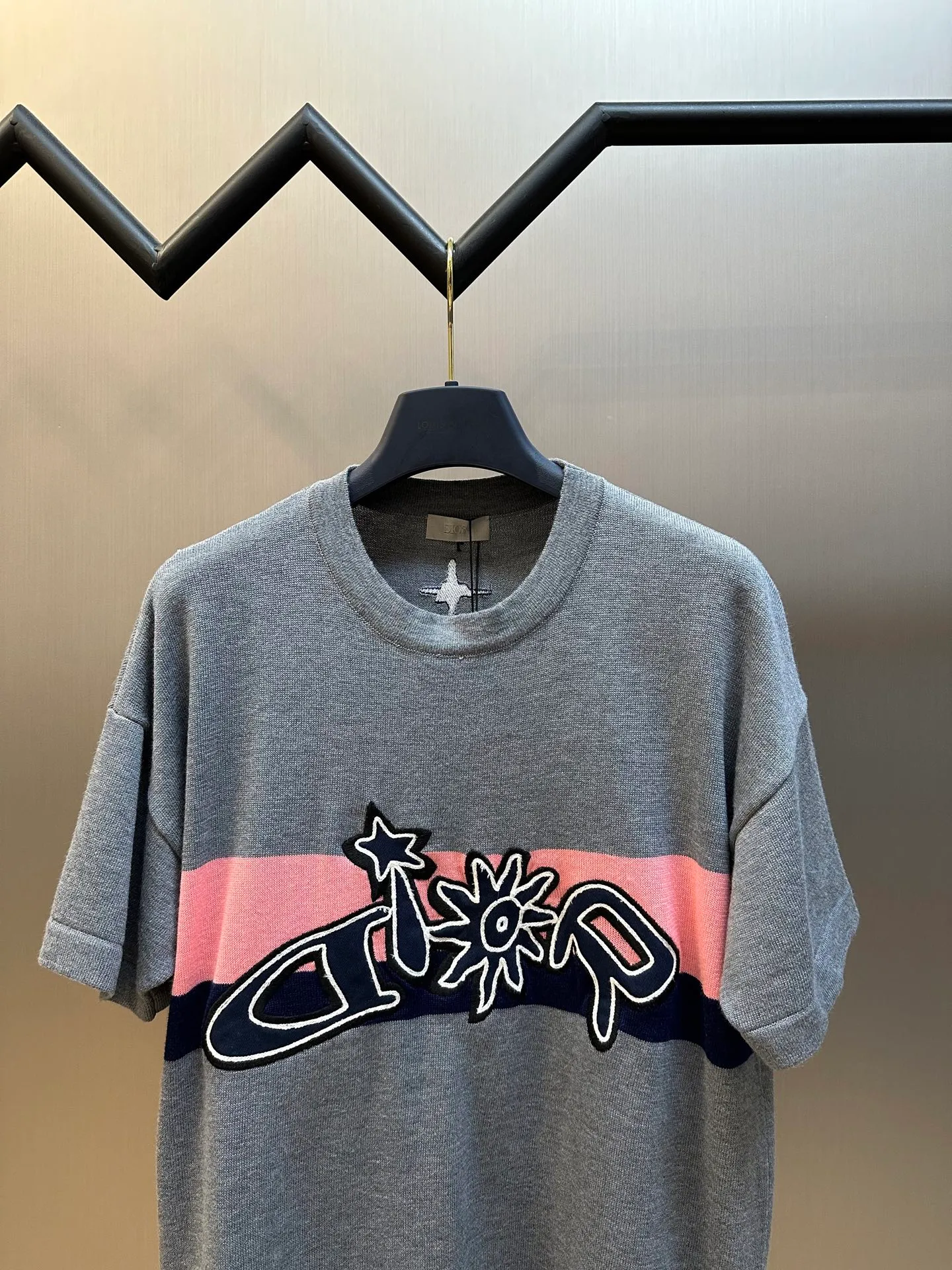 🅿️410 Dior Sunflower Wool Knitted Short Sleeve This T-shirt is a new product of the 2025 autumn men's wear series and comes from the DIOR AND LEWIS HAMILTON limited series. Crafted from gray sheepskin knitted fabric, it features a co-branded embroidery on the chest, a graphic reinterpretation of the Dior logo size: xs s m l