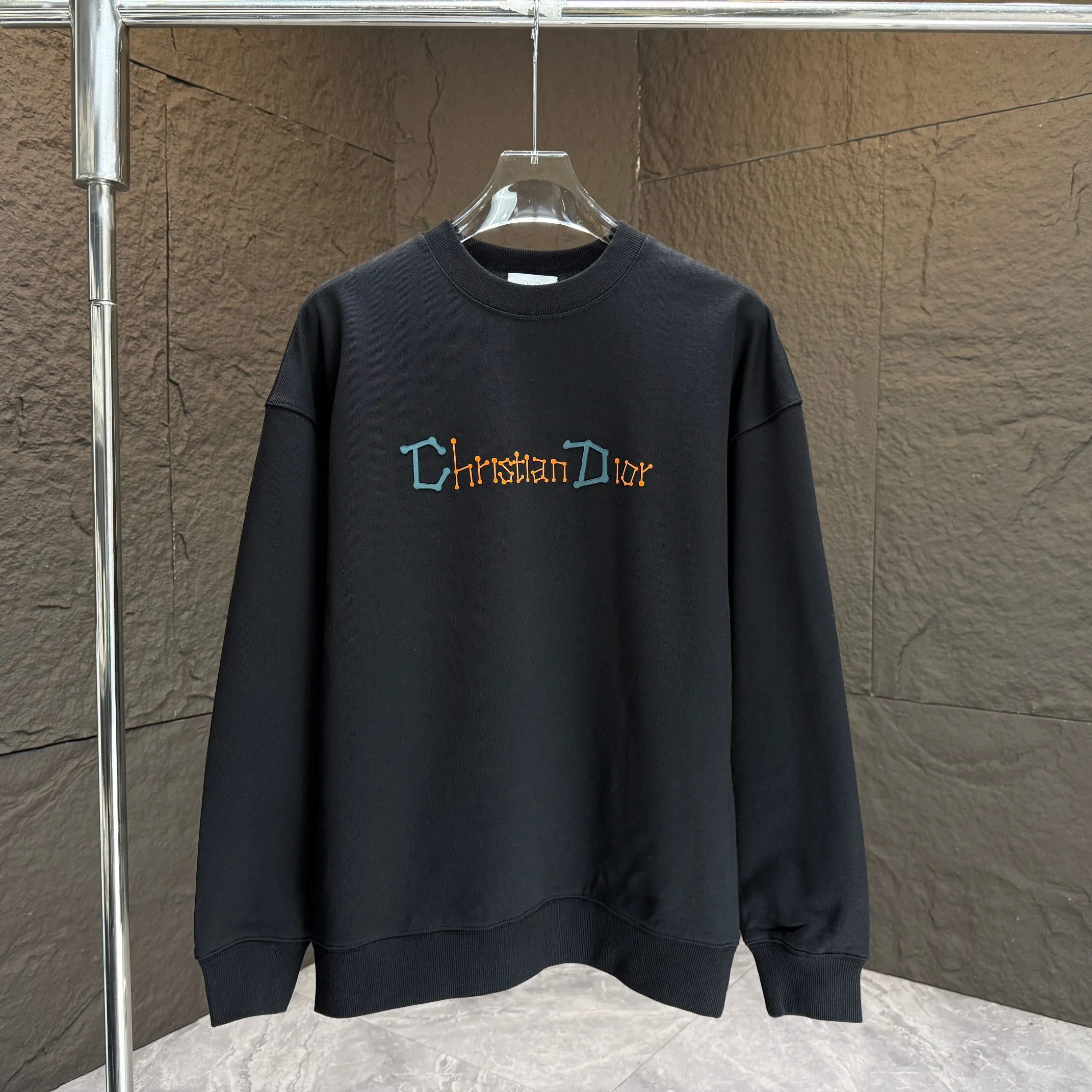 🅿️250 Dio* Dior* 2025 autumn and winter new round neck sweatshirt 400 grams terry cotton letter logo flocking ➕skin-feeling cotton Color: Black White Blue Gray Size: S M L XL XXL
