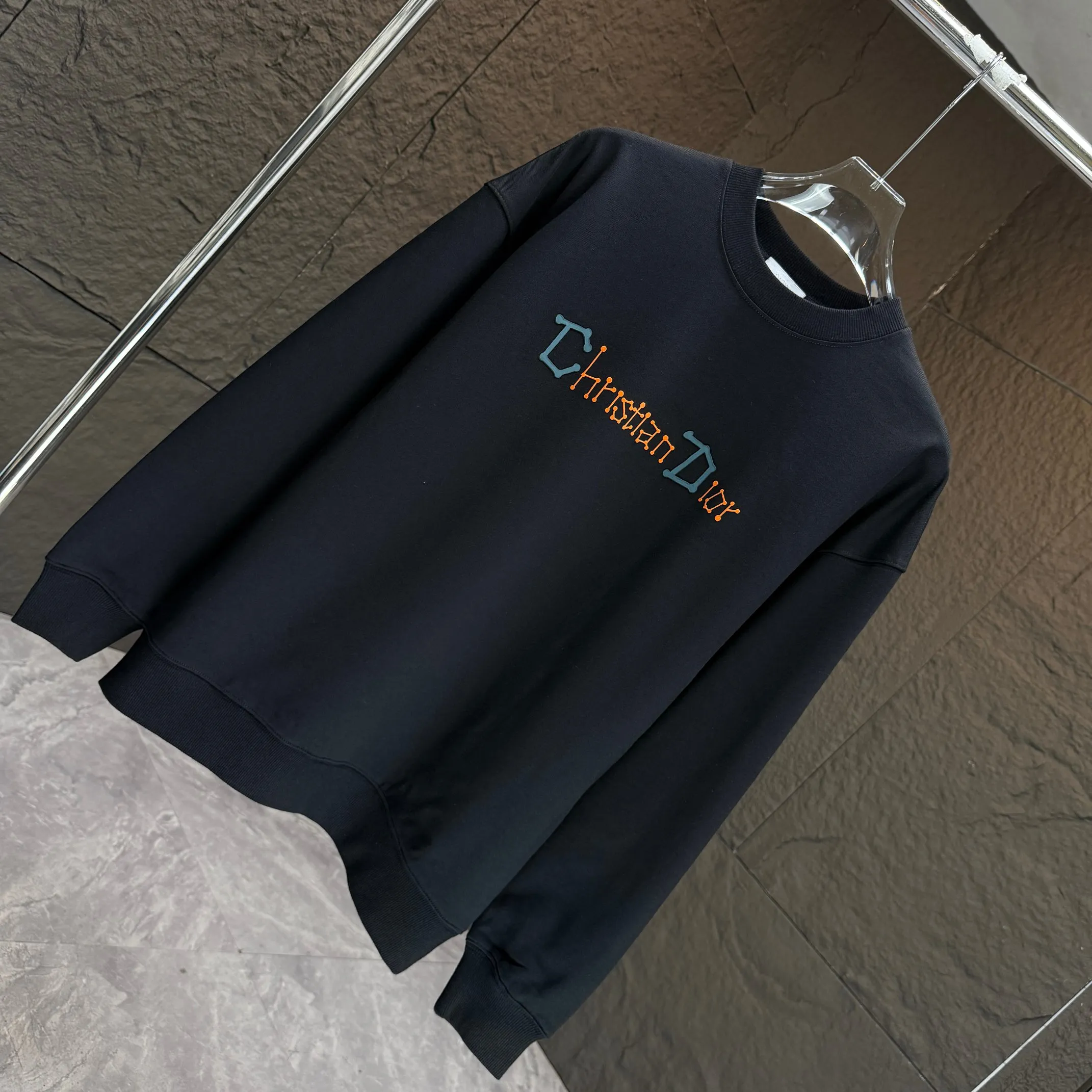🅿️250 Dio* Dior* 2025 autumn and winter new round neck sweatshirt 400 grams terry cotton letter logo flocking ➕skin-feeling cotton Color: Black White Blue Gray Size: S M L XL XXL