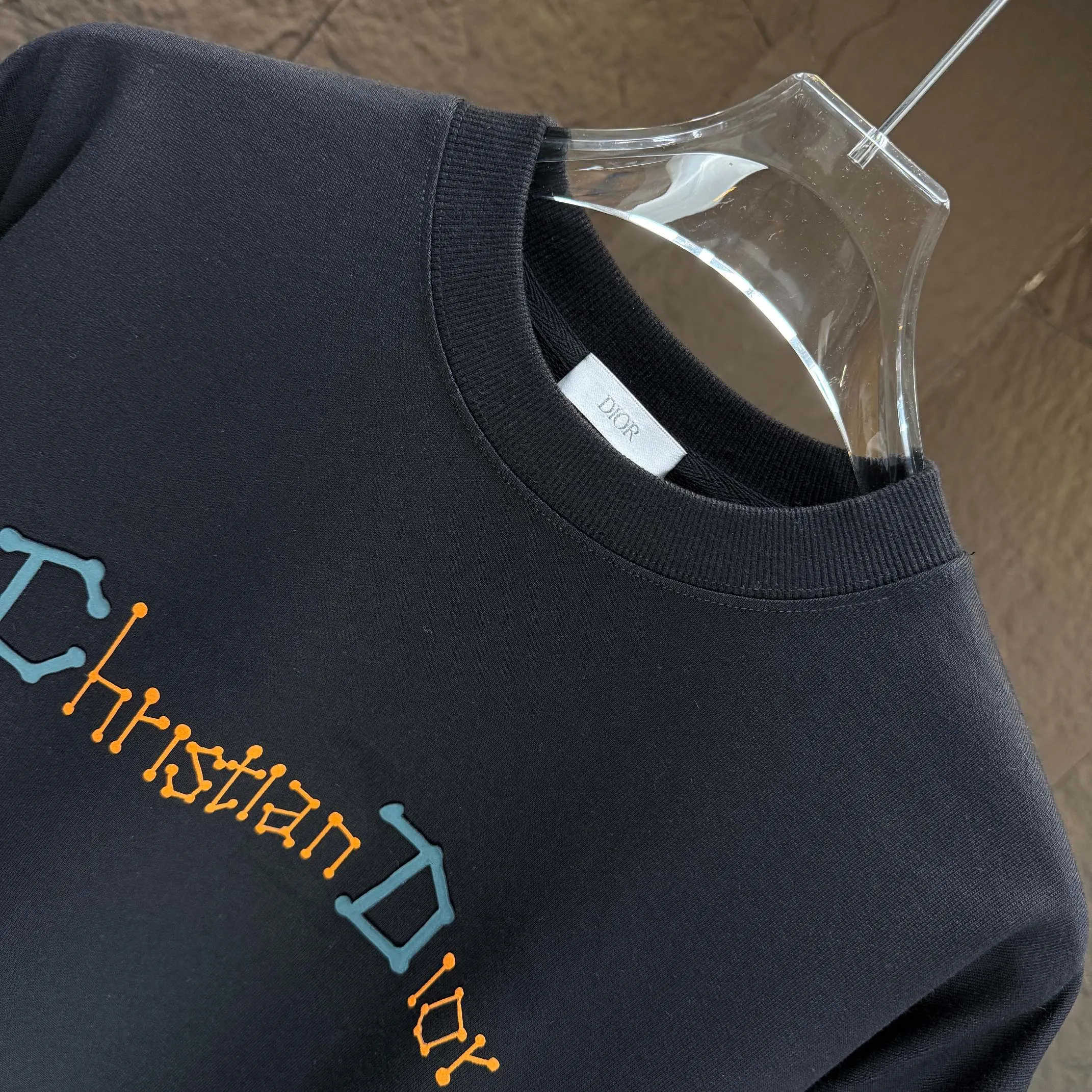 🅿️250 Dio* Dior* 2025 autumn and winter new round neck sweatshirt 400 grams terry cotton letter logo flocking ➕skin-feeling cotton Color: Black White Blue Gray Size: S M L XL XXL