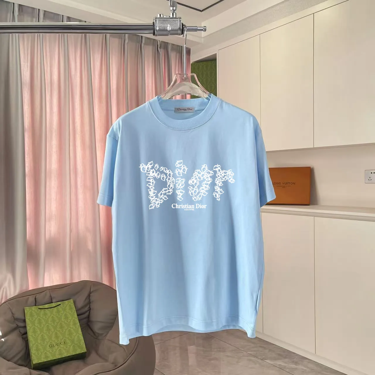 🅿️170 Dio 2025 new summer style personalized letter logo printing short-sleeved T-shirt customized fabric 300g same style for men and women Color: black white pink sky blue Size: S M L XL XXL five codes​