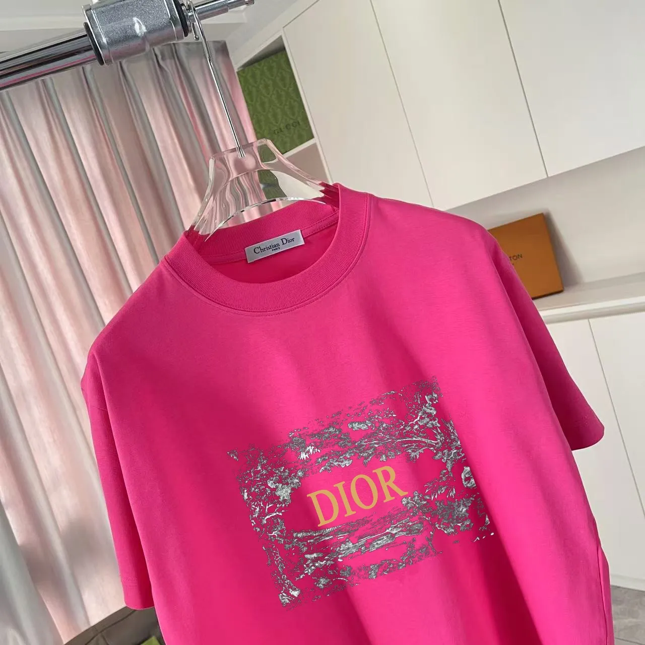 🅿️170 Dio Dior 2025 summer new style Personalized letter logo printing Short-sleeved T-shirt Customized fabric 300g Same style for men and women Color: Black White Rose Red Purple Size: S M L XL XXL Five codes​
