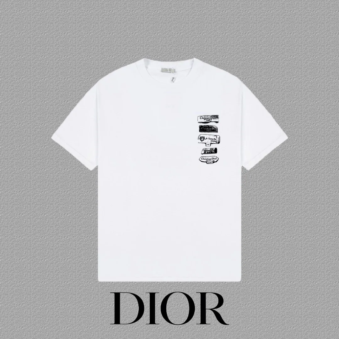 🅿️170 [DIOR Dior] 2025FW short-sleeved T-shirt LOGO printing High-end 26s double yarn 300g fabric Heavy fabric Customized frame ribbing in the same cylinder and dyeing Complete three standards Same style for men and women Color: Black White Size: S M L XL 2XL