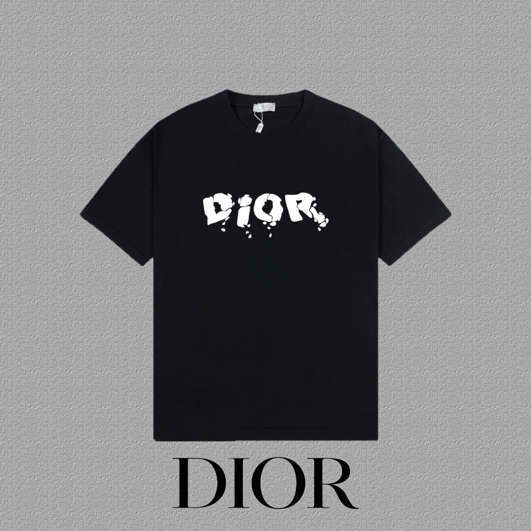 🅿️170 [DIOR Dior] 2025FW short-sleeved T-shirt, silicone thick plate LOGO, high-end 26s double yarn 300g fabric, heavy fabric, custom stretcher rib, same cylinder and dye, complete three standards, same style for men and women, color: black, white, size: S M L XL 2XL