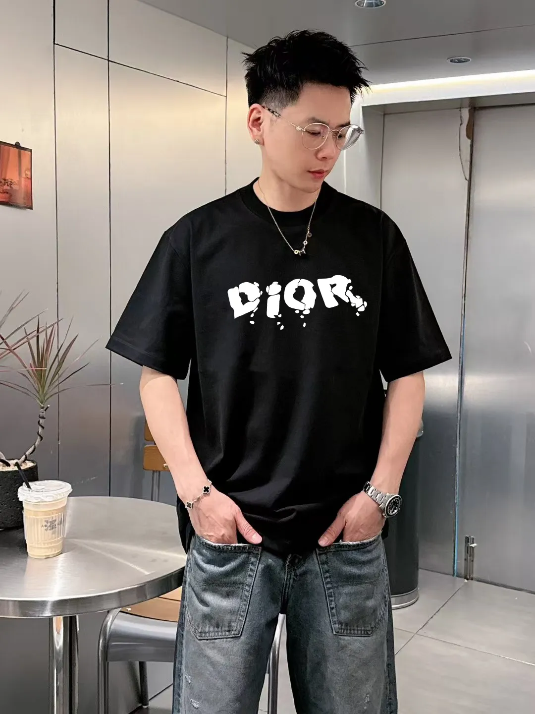 🅿️170 [DIOR Dior] 2025FW short-sleeved T-shirt, silicone thick plate LOGO, high-end 26s double yarn 300g fabric, heavy fabric, custom stretcher rib, same cylinder and dye, complete three standards, same style for men and women, color: black, white, size: S M L XL 2XL