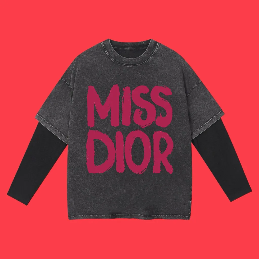 🅿️240 (Profit from cooperation) High-end quality DIOR 2025SS spring and summer wear, fake two-piece washed snowflake series MISS fake two-piece long T-shirt, imported Kornit digital direct-injection printing, custom-dyed high-quality fashion brand 100% cotton washed 260G fabric, ready-made garments dyed ➕ washed-fried snowflake OS loose off-shoulder version, same style for men and women size: S.M.L.XL.2XL