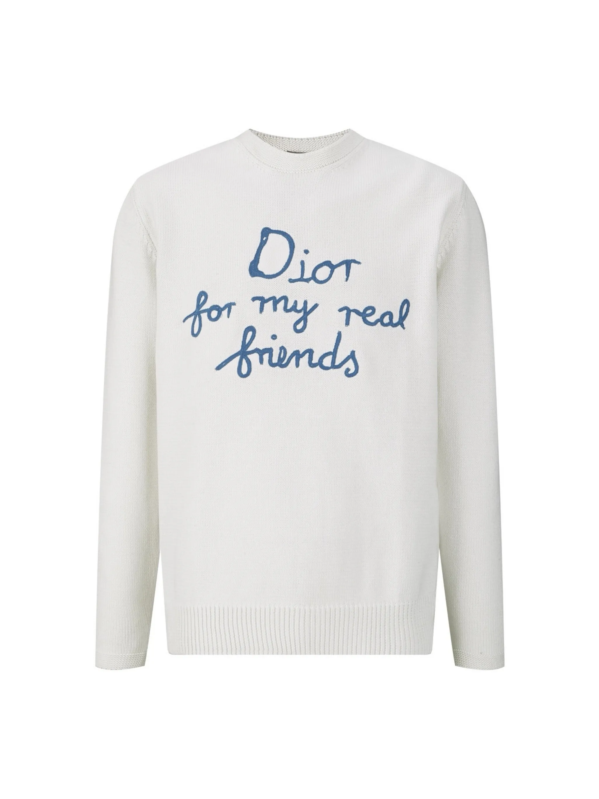 🅿️430 (1:1 original order quality) Dior's new embroidered knitted pullover round neck sweater. Fabric: Made of 16-count single yarn fabric. This fabric is woven from blended cotton yarn. When paired with a 7-needle machine, the garment effect will be more three-dimensional.  Craftsmanship: The embroidery uses 3D three-dimensional cotton thread embroidery. The embroidery craft density is high and the number of stitches is high enough not to catch hair, and the upper body effect is more high-end.  This sweater displays the Dior For My Real Friends logo from the DIOR AND HYLTON NEL collaboration. Crafted from blue cotton-blend jersey, it has a regular fit with ribbed details and embroidery on the chest for added style. Pair it with a variety of casual looks this season. DIOR AND HYLTON NEL collaboration Dior For My Real Friends logo embroidered on the chest Ribbed crew neck, hem and cuffs Men's and women's Color: Blue/White Size: S M L