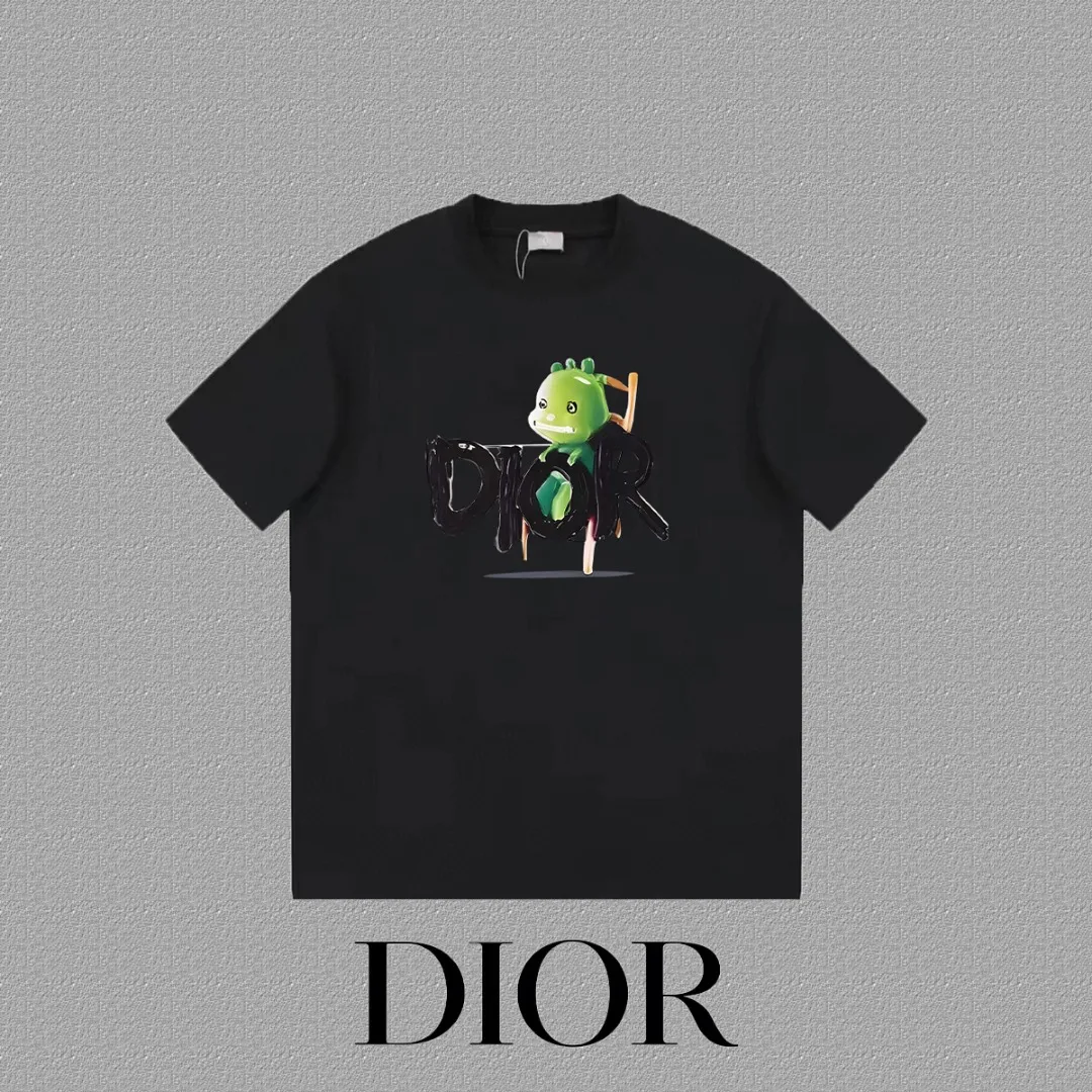 🅿️170 [DIOR Dior] 2025FW short-sleeved T-shirt LOGO printing High-end 26s double yarn 300g fabric Heavy fabric Customized frame ribbing in the same cylinder and dyeing Complete three standards Same style for men and women Color: Black White Size: S M L XL 2XL