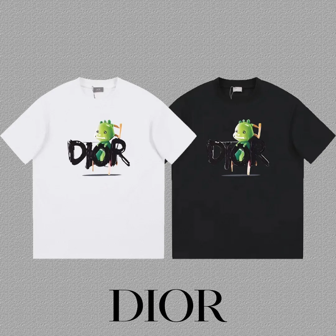 🅿️170 [DIOR Dior] 2025FW short-sleeved T-shirt LOGO printing High-end 26s double yarn 300g fabric Heavy fabric Customized frame ribbing in the same cylinder and dyeing Complete three standards Same style for men and women Color: Black White Size: S M L XL 2XL