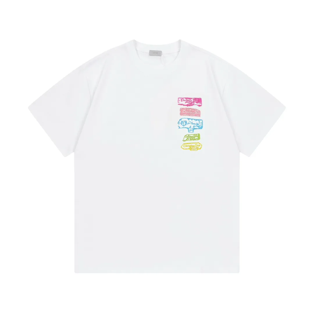 🅿️170 Dior 2025 early spring new style Customized 270g double yarn pure cotton fabric Imported Tajima machine high-density embroidery colorful letters logo Couple style short-sleeved T-shirt Color: White Size: XS-L
