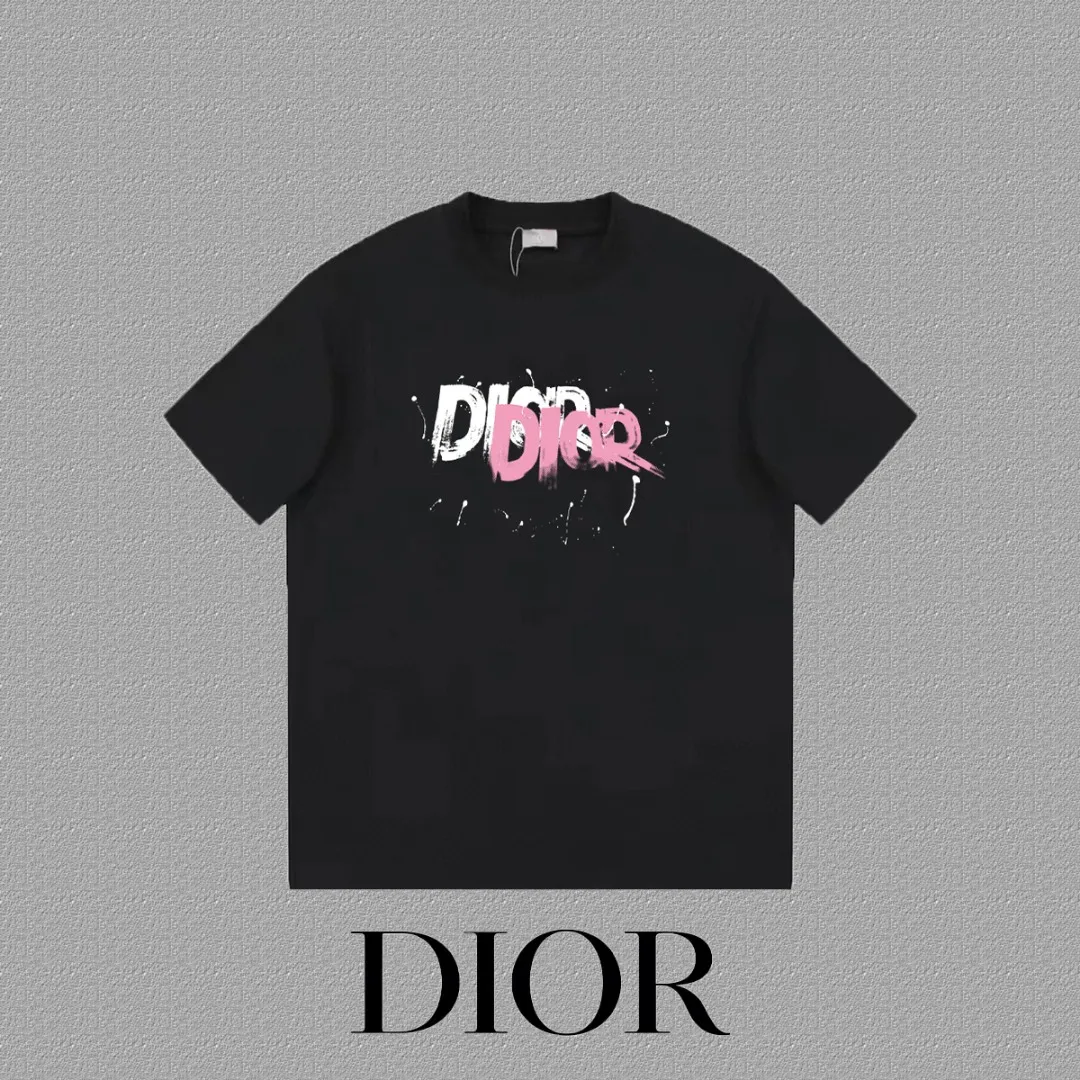 🅿️170 [DIOR Dior] 2025FW short-sleeved T-shirt LOGO printing High-end 26s double yarn 300g fabric Heavy fabric Customized frame ribbing in the same cylinder and dyeing Complete three standards Same style for men and women Color: Black White Size: S M L XL 2XL