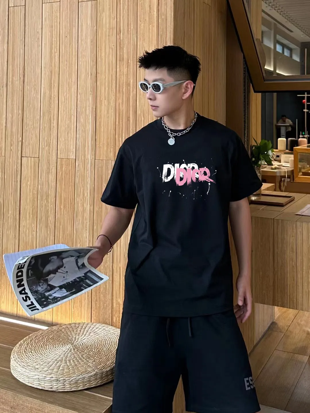 🅿️170 [DIOR Dior] 2025FW short-sleeved T-shirt LOGO printing High-end 26s double yarn 300g fabric Heavy fabric Customized frame ribbing in the same cylinder and dyeing Complete three standards Same style for men and women Color: Black White Size: S M L XL 2XL