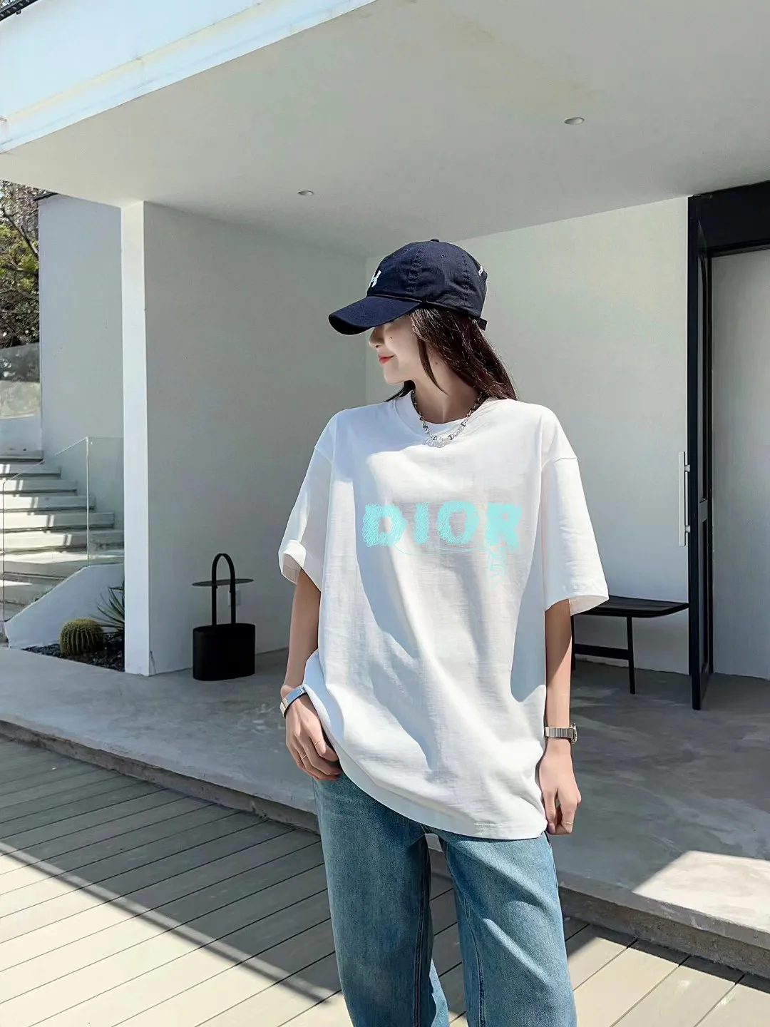 🅿️170 [DIOR Dior] 2025FW short-sleeved T-shirt LOGO printing High-end 26s double yarn 300g fabric Heavy fabric Customized frame ribbing in the same cylinder and dyeing Complete three standards Same style for men and women Color: Black White Size: S M L XL 2XL