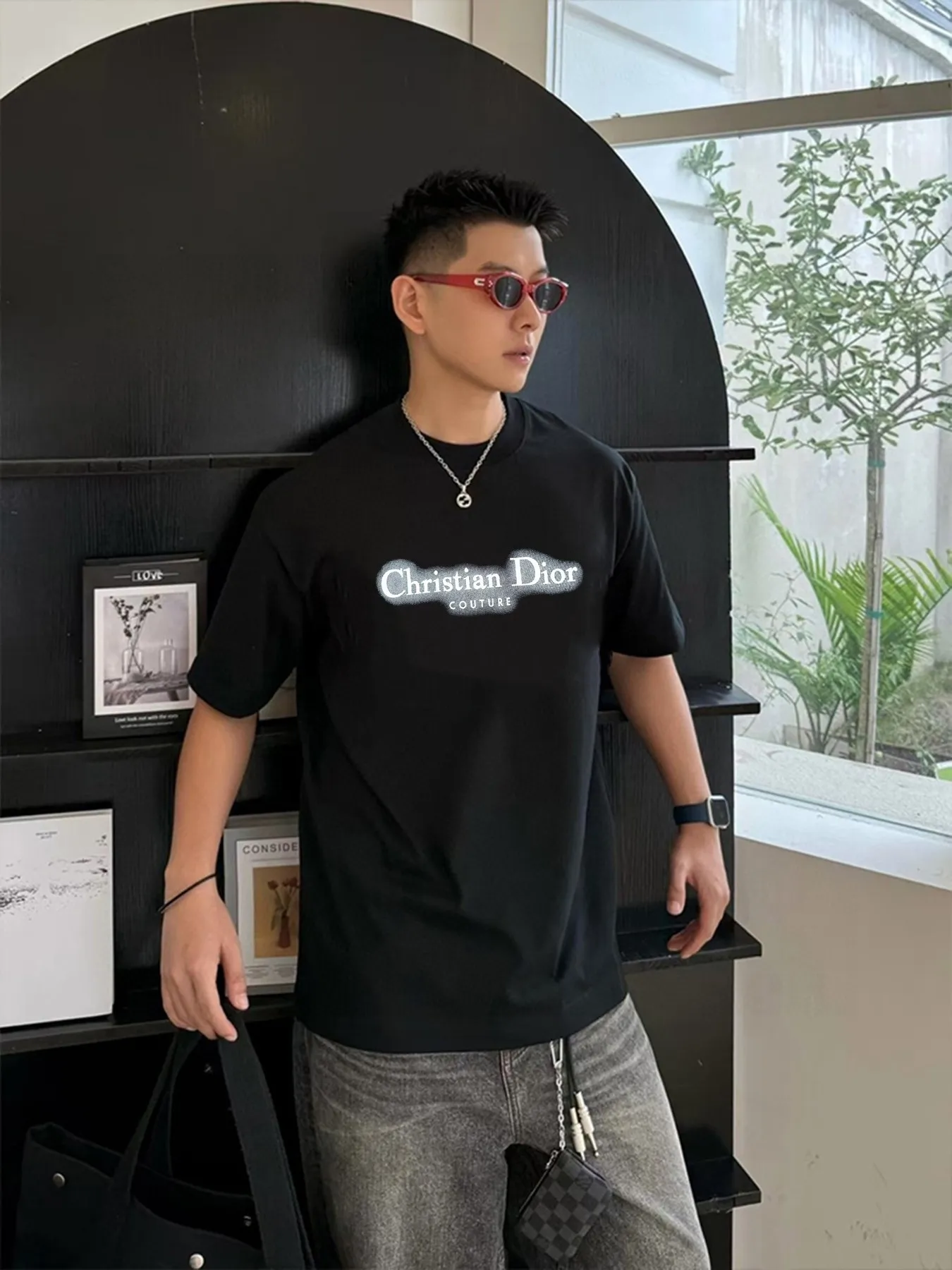 🅿️180 DIOR/Dior 250g round neck short-sleeved T-shirt, brand letter small mark LOGO pattern printing process, official synchronization, high version, high quality, fashionable personality, versatile trend, pure original quality, original fabric, tag, collar label, washed wheat, three labels complete, color: black, white, size: s-xxl