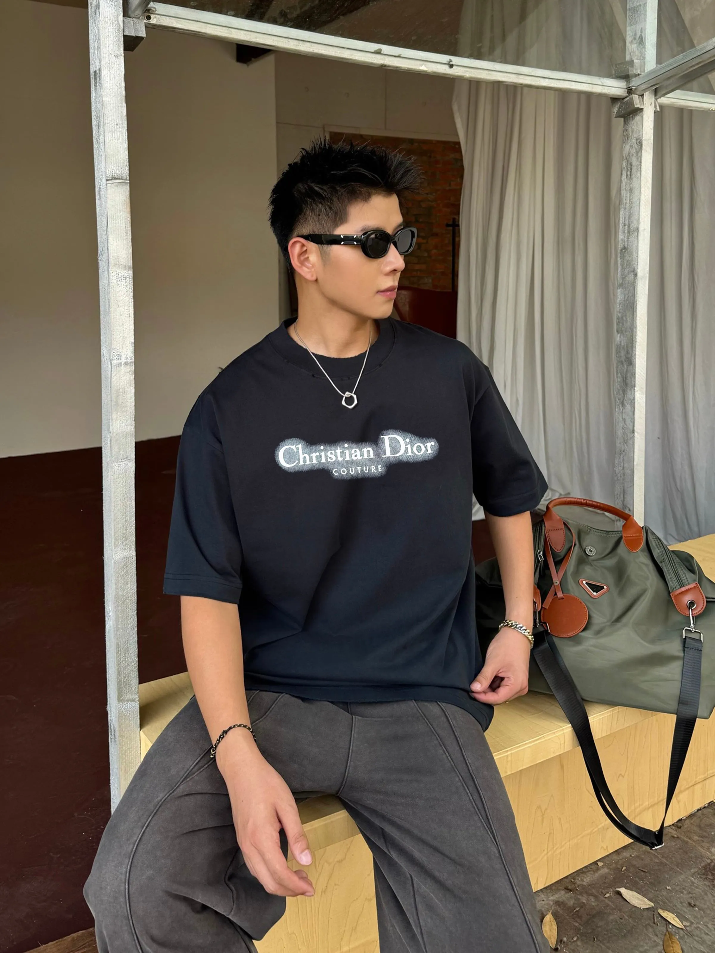 🅿️180 DIOR/Dior 250g round neck short-sleeved T-shirt, brand letter small mark LOGO pattern printing process, official synchronization, high version, high quality, fashionable personality, versatile trend, pure original quality, original fabric, tag, collar label, washed wheat, three labels complete, color: black, white, size: s-xxl