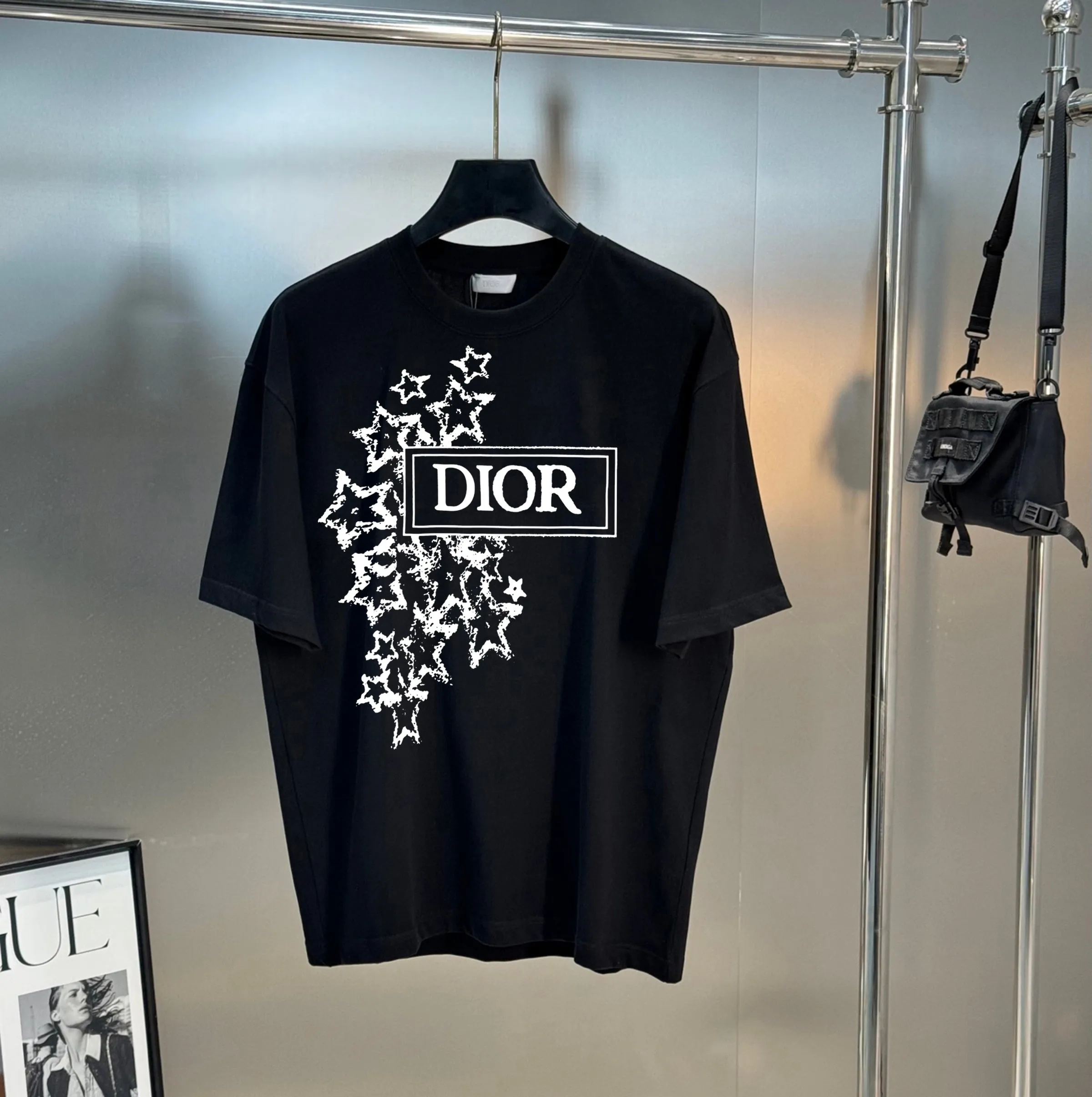🅿️180 DIOR/Dior 250g round neck short-sleeved T-shirt, brand letter small mark LOGO pattern printing process, official synchronization, high version, high quality, fashionable personality, versatile trend, pure original quality, original fabric, tag, collar label, washed wheat, three labels complete, color: black, white, size: s-xxl