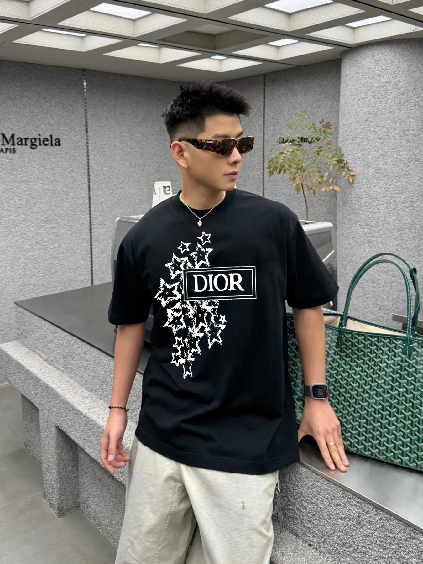 🅿️180 DIOR/Dior 250g round neck short-sleeved T-shirt, brand letter small mark LOGO pattern printing process, official synchronization, high version, high quality, fashionable personality, versatile trend, pure original quality, original fabric, tag, collar label, washed wheat, three labels complete, color: black, white, size: s-xxl