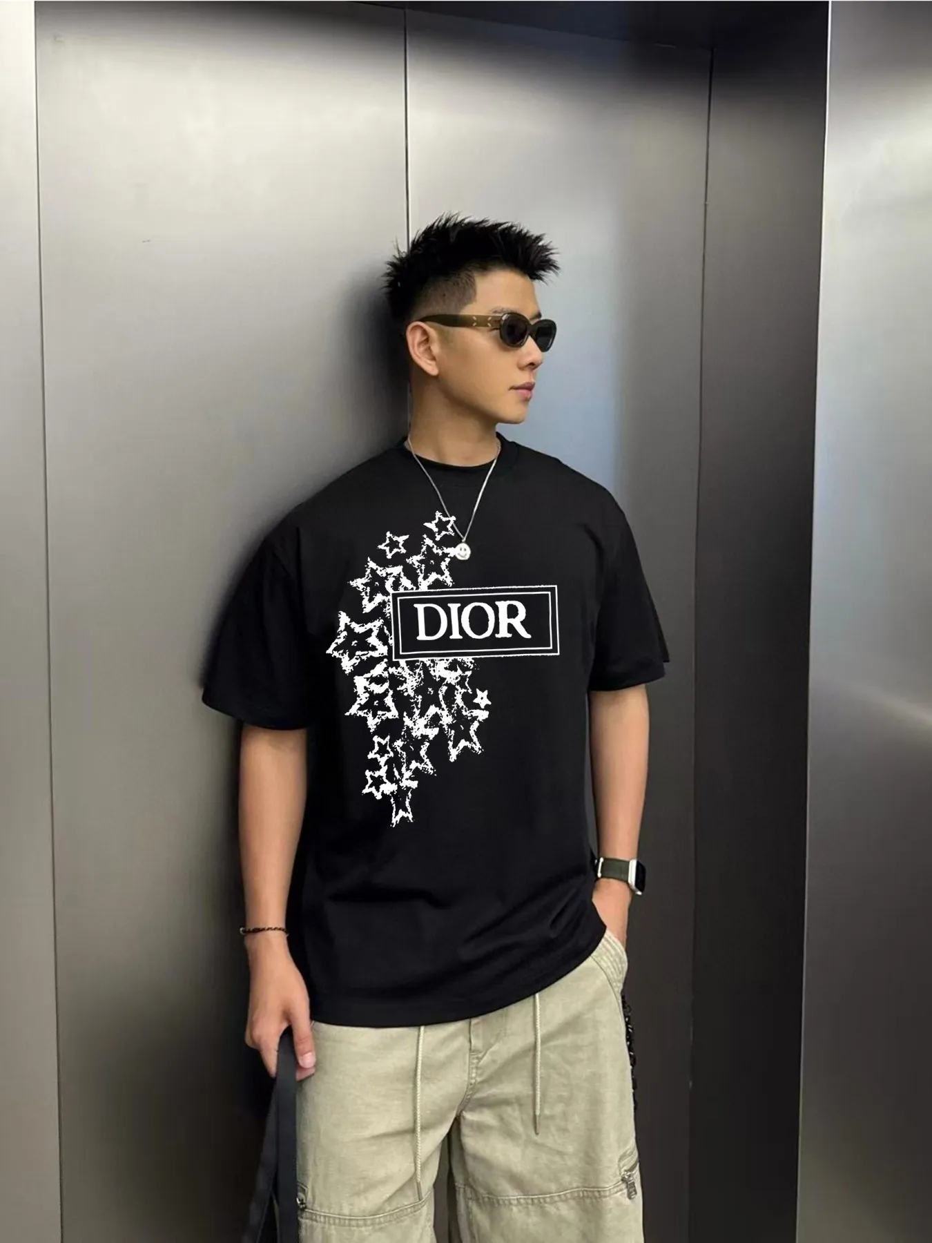 🅿️180 DIOR/Dior 250g round neck short-sleeved T-shirt, brand letter small mark LOGO pattern printing process, official synchronization, high version, high quality, fashionable personality, versatile trend, pure original quality, original fabric, tag, collar label, washed wheat, three labels complete, color: black, white, size: s-xxl