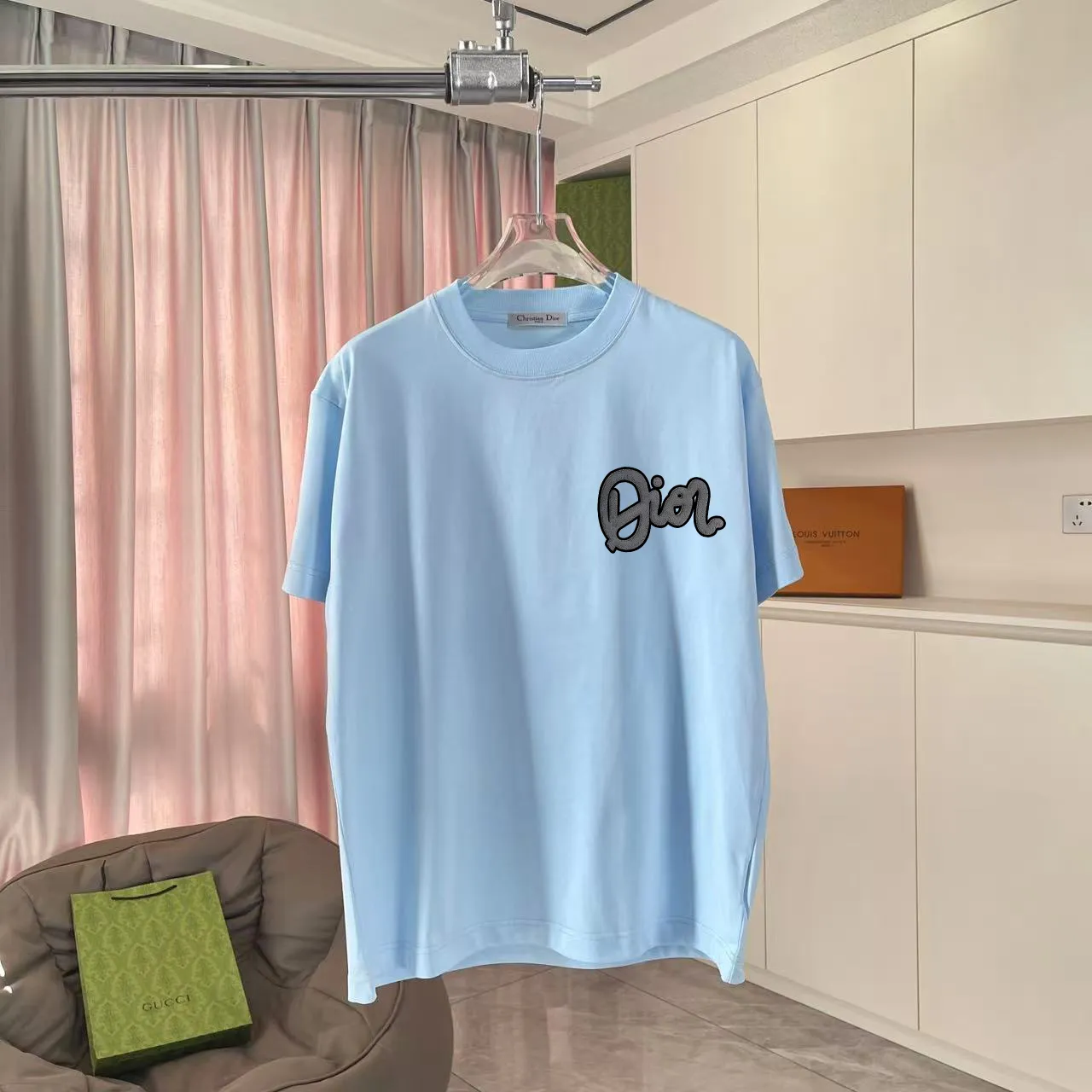 🅿️170 Dio Dior 2025 summer new style Personalized letter logo printing Short-sleeved T-shirt Customized fabric 300g Same style for men and women Color: Black White Pink Sky Blue Size: S M L XL XXL Five codes​