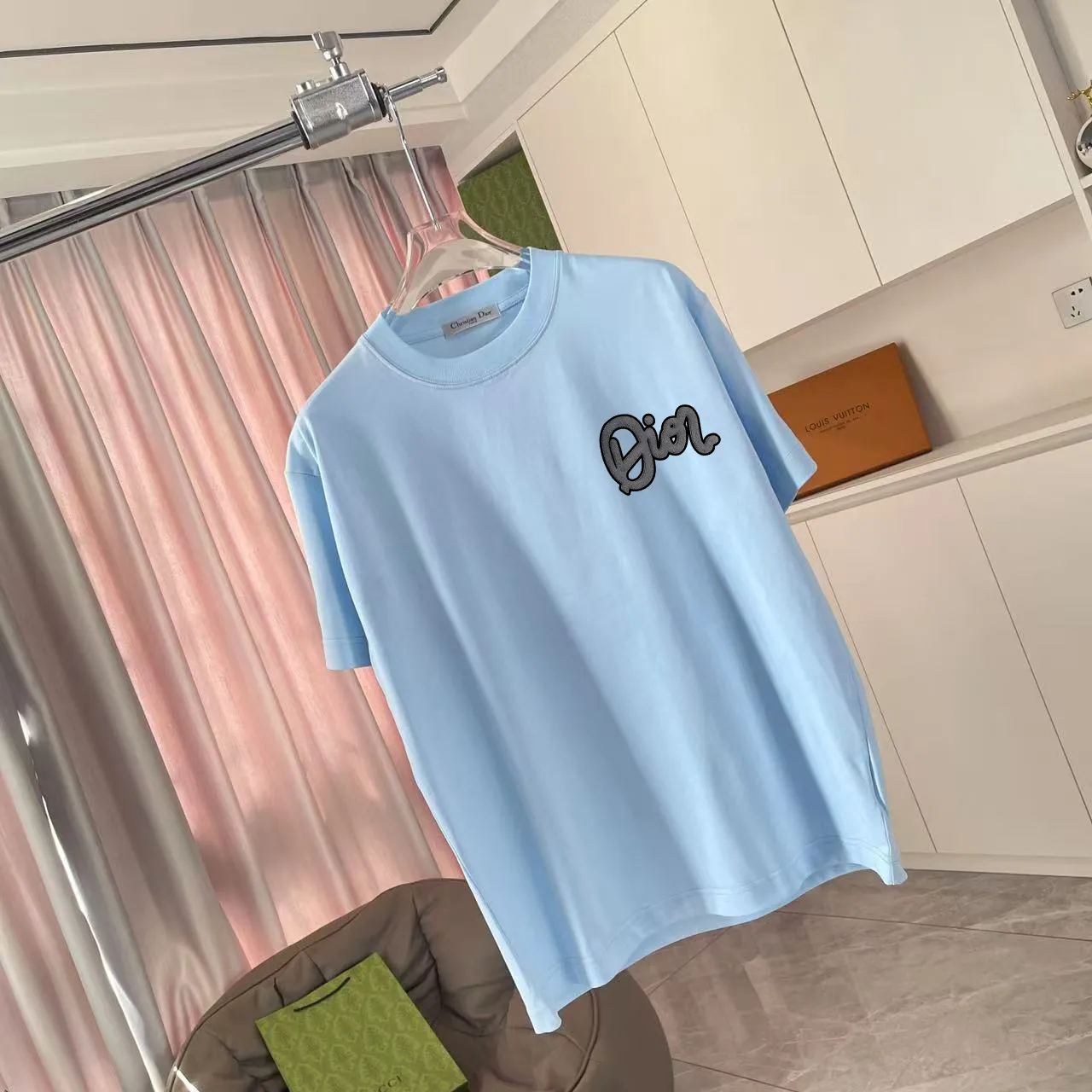 🅿️170 Dio Dior 2025 summer new style Personalized letter logo printing Short-sleeved T-shirt Customized fabric 300g Same style for men and women Color: Black White Pink Sky Blue Size: S M L XL XXL Five codes​