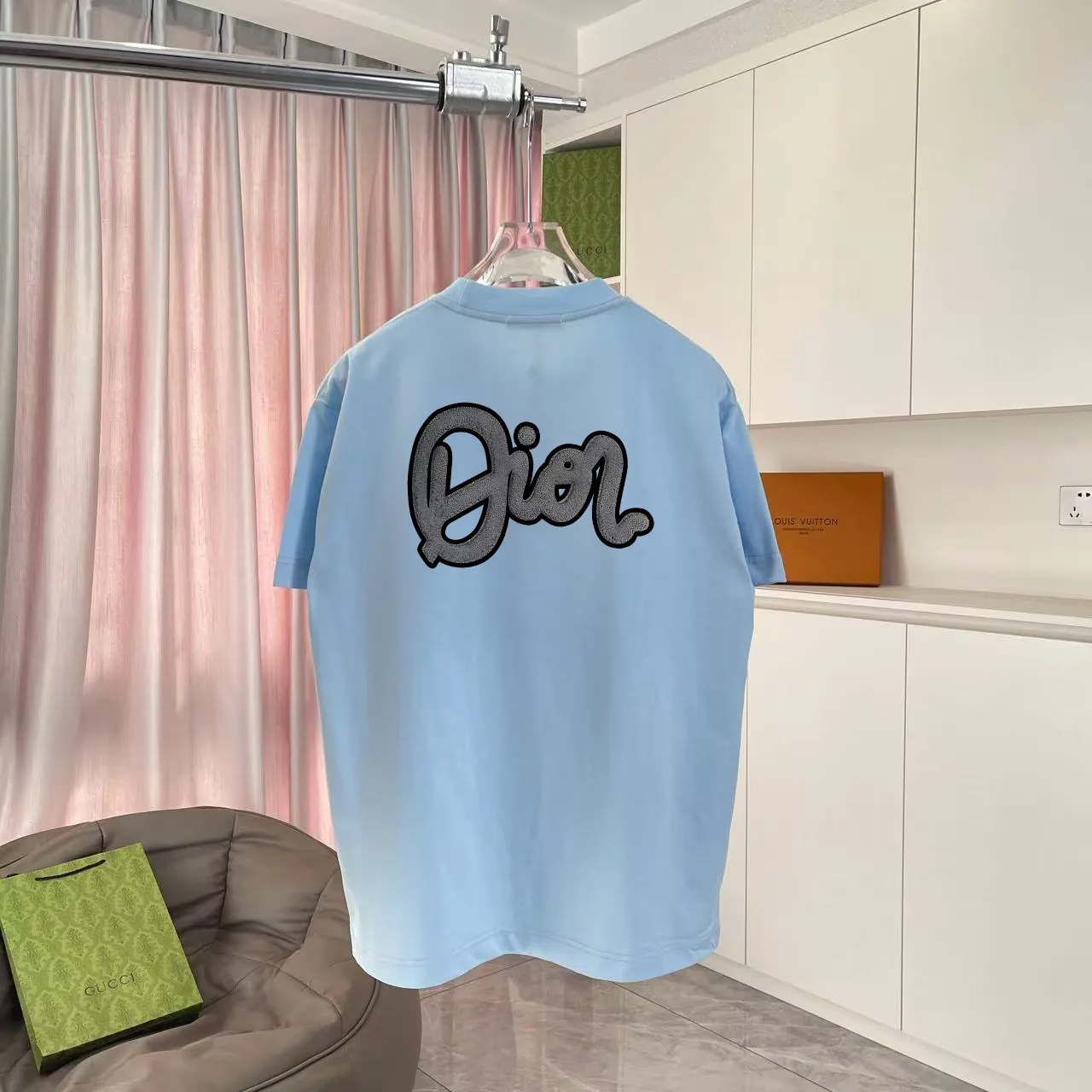🅿️170 Dio Dior 2025 summer new style Personalized letter logo printing Short-sleeved T-shirt Customized fabric 300g Same style for men and women Color: Black White Pink Sky Blue Size: S M L XL XXL Five codes​
