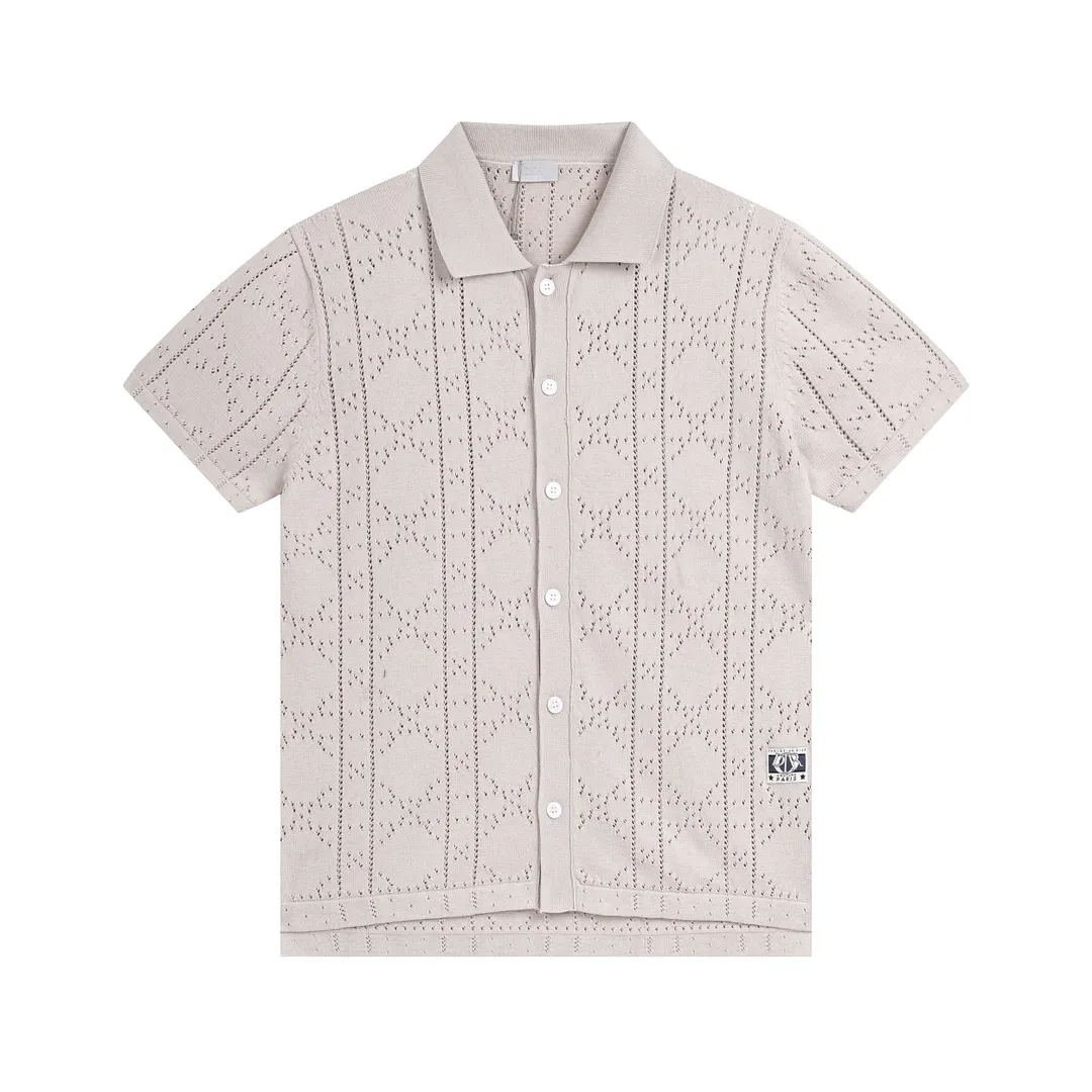🅿️260 Dior CD2024SS diamond-shaped hollow knitted lapel POLO. European and American style early spring new small label cannage pattern hollow knitted short-sleeved polo cardigan casual fashion shirt The fabric is made of 150D/48F polyester special-shaped light long fiber yarn + 40 double-ply ring-spun pure cotton yarn. The Y version is purchased, disassembled and cut off the hem fabric, and sent to a professional inspection and testing agency to analyze the yarn count data. A 24-needle cylindrical jacquard loom imported from Italy is used to weave the gray fabric. The gray fabric is washed and shaped in the cylinder to produce the finished fabric. It uses an infrared cutting machine for typesetting, and the positioning flower letter logo is cut by hand, and it is matched with 26s cotton yarn-dyed ribbing. Blue/apricot, same style for men and women! Size: XS-L,