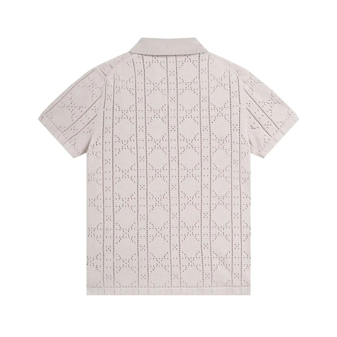 🅿️260 Dior CD2024SS diamond-shaped hollow knitted lapel POLO. European and American style early spring new small label cannage pattern hollow knitted short-sleeved polo cardigan casual fashion shirt The fabric is made of 150D/48F polyester special-shaped light long fiber yarn + 40 double-ply ring-spun pure cotton yarn. The Y version is purchased, disassembled and cut off the hem fabric, and sent to a professional inspection and testing agency to analyze the yarn count data. A 24-needle cylindrical jacquard loom imported from Italy is used to weave the gray fabric. The gray fabric is washed and shaped in the cylinder to produce the finished fabric. It uses an infrared cutting machine for typesetting, and the positioning flower letter logo is cut by hand, and it is matched with 26s cotton yarn-dyed ribbing. Blue/apricot, same style for men and women! Size: XS-L,