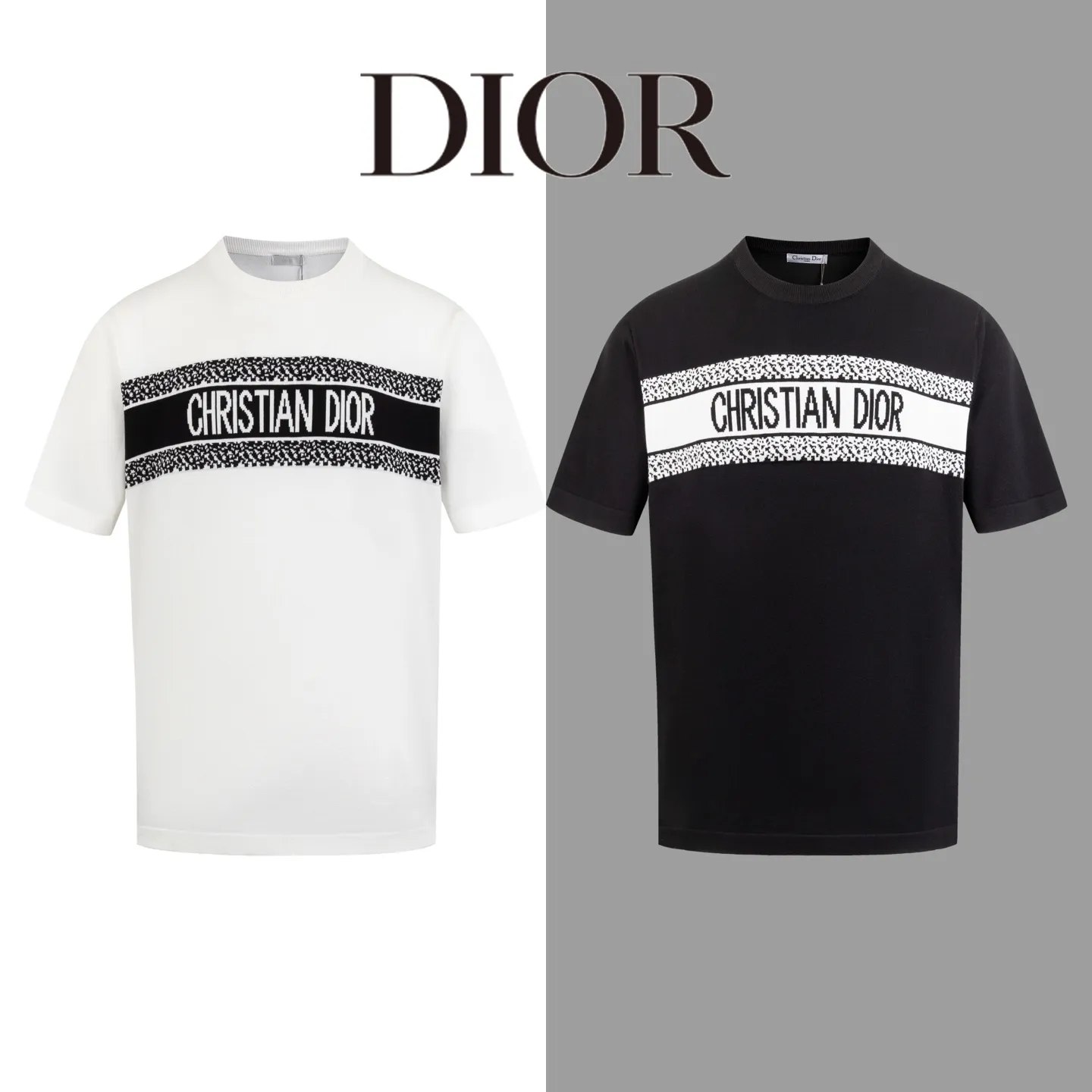 🅿️170 Style No. #Z43 Dior horizontal letter knitted short sleeves. Same style as DIOR official website. Fabric: Imitation wool fine pure cotton knitting. Same color woven and dyed threads in the same cylinder. Consistent colors. Supporting: complete three standards. Cardboard, oil paper and code sticker packaging. All go through high temperature pre-shrinking process before making. It will not shrink and deform. Imported machines are professional for plate production. os version can wear up to 200 kilograms. The size is measured manually. The error of 2-3cm is normal. Color: black white size: s m l xl