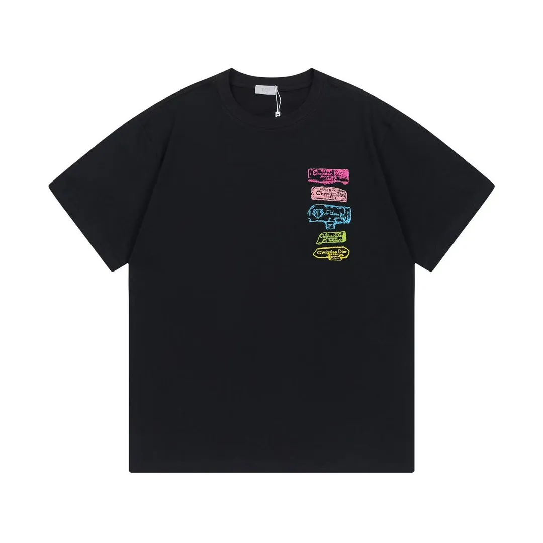 🅿️170 Dior 2025 early spring new style, customized 270g double yarn pure cotton fabric, imported Tajima machine high-density embroidery of colorful letters logo, couple style, short-sleeved T-shirt, color: black, size: XS-L