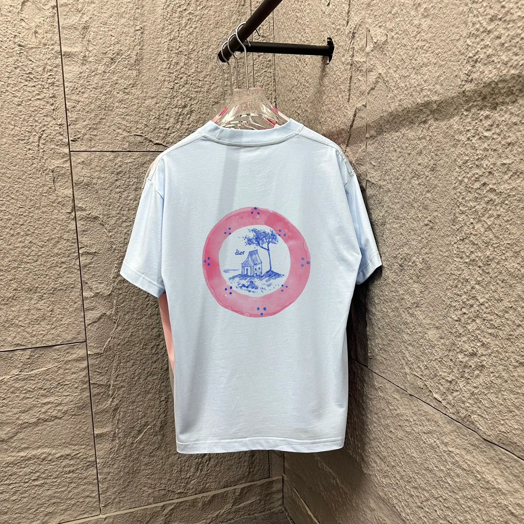 🅿️180 Dio*Dior* 2025 Spring and Summer Style Blue letters printed personalized logo Customized double yarn plain cotton fabric Short-sleeved T-shirt Uniform for men and women Color: White Black Light Blue Size: S (90-130 catties) M (120-150 catties) L (140-165 catties) XL (160-180 catties) XXL (180-210 pounds)
