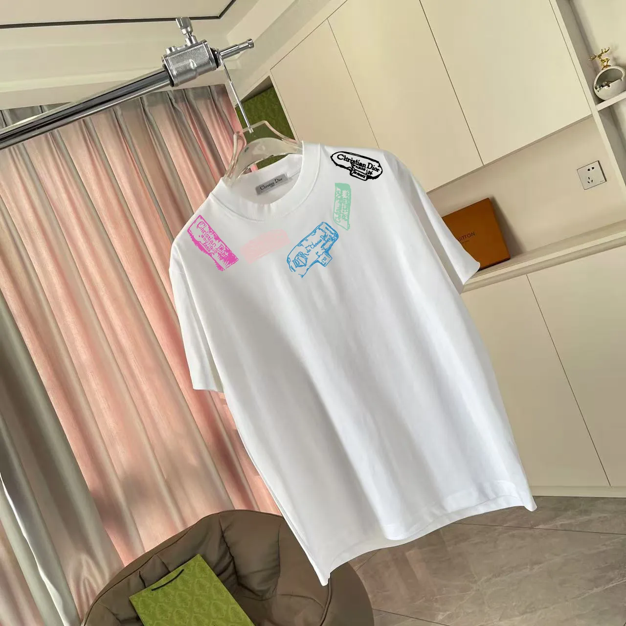 🅿️170 Dio*Dior 2025 summer new style Personalized letter logo printing Short-sleeved T-shirt Customized fabric 300g Same style for men and women Color: Black White Pink Iron Gray Size: S M L XL XXL Five codes​