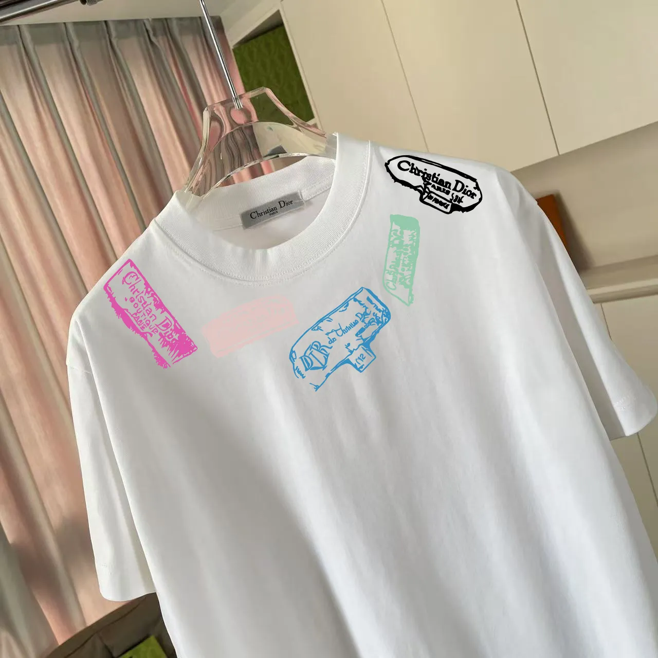 🅿️170 Dio*Dior 2025 summer new style Personalized letter logo printing Short-sleeved T-shirt Customized fabric 300g Same style for men and women Color: Black White Pink Iron Gray Size: S M L XL XXL Five codes​