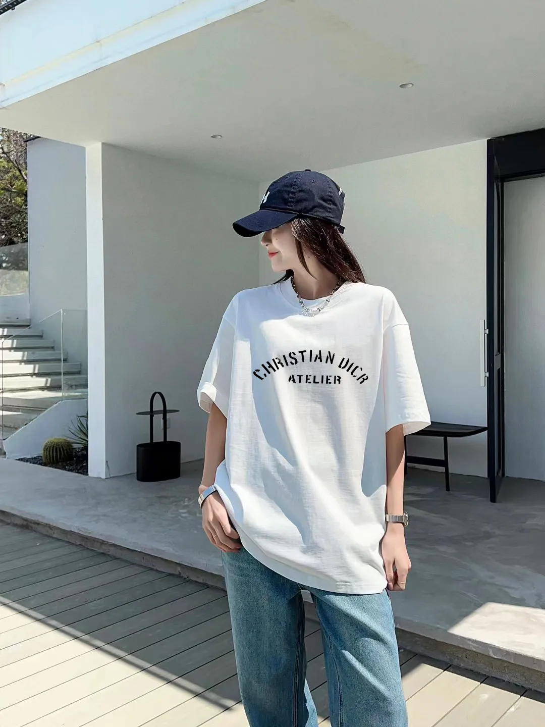 🅿️170 [DIOR Dior] 2025FW short-sleeved T-shirt LOGO printing High-end 26s double yarn 300g fabric Heavy fabric Customized frame ribbing in the same cylinder and dyeing Complete three standards Same style for men and women Color: Black White Size: S M L XL 2XL