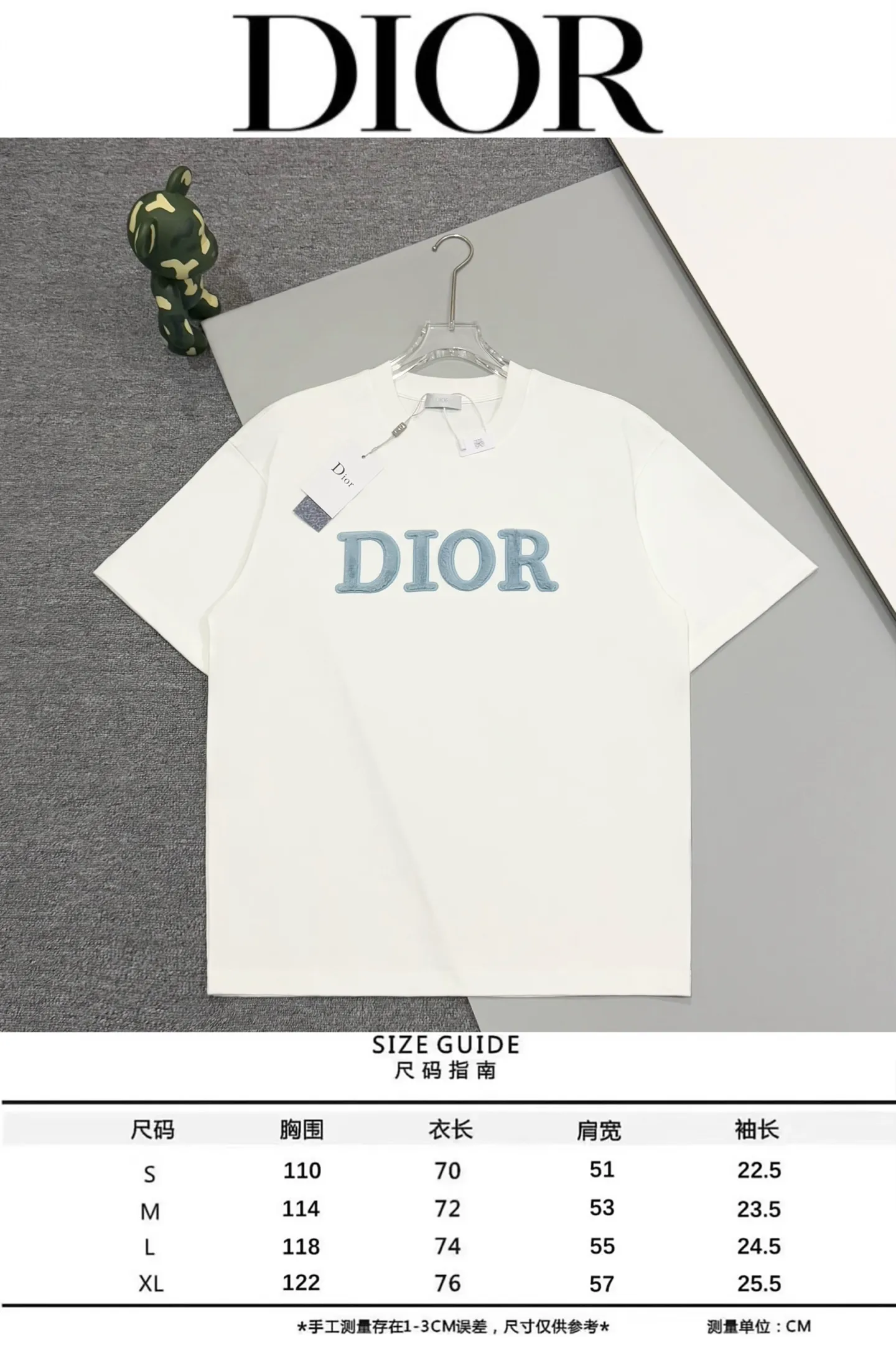 🅿️200 [High quality] Dior Dior 25ss spring and summer new round neck short-sleeved T-shirt simple brand embroidery letter hair transplant logo design logo official synchronization original mold fashion personality versatile trend pure original quality original 32 pieces 280g washed fabric tag collar label washed wheat three labels complete Color: black. White. Size: S to XL