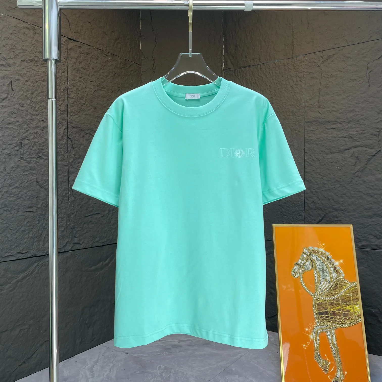 🅿️170 Dio* Dior* 2025 spring and summer new short-sleeved T-shirt Heavy cotton personalized print Color: Black White Mint Green Size: S M L XL XXL