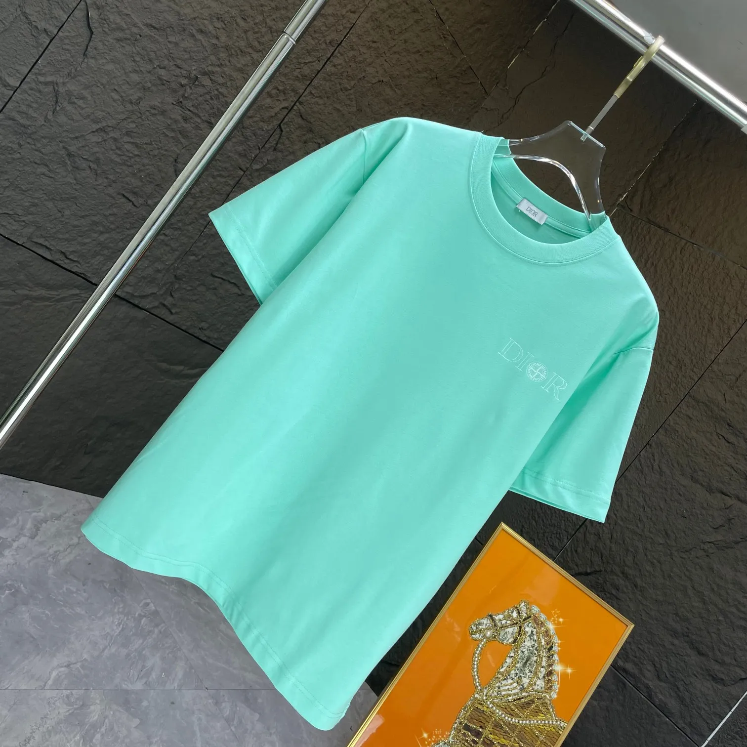 🅿️170 Dio* Dior* 2025 spring and summer new short-sleeved T-shirt Heavy cotton personalized print Color: Black White Mint Green Size: S M L XL XXL