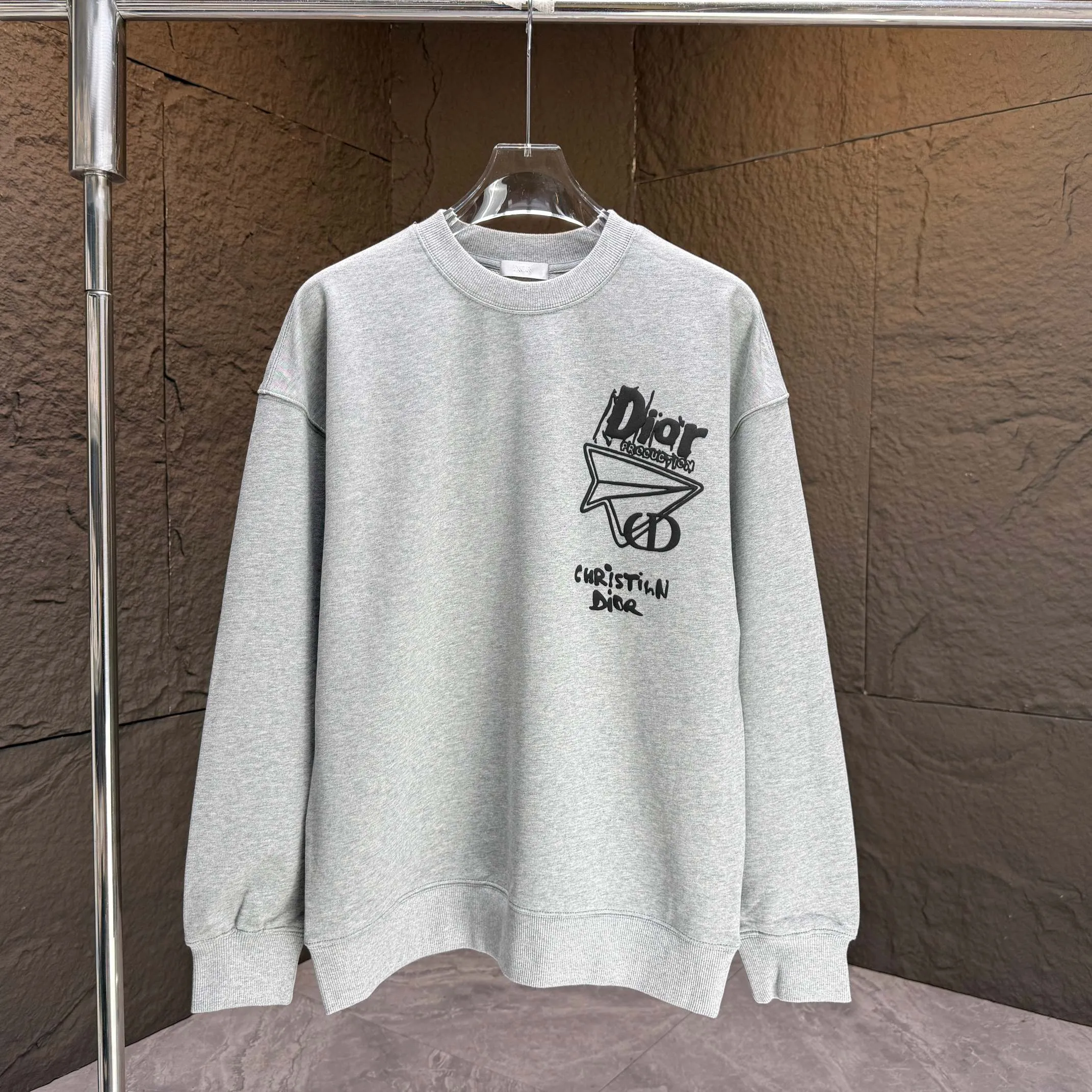 🅿️240 Dio* Dior* 2025 autumn and winter new round neck sweatshirt 400g terry cotton letter logo three-dimensional foam Color: Black White Blue Gray Size: S M L XL XXL