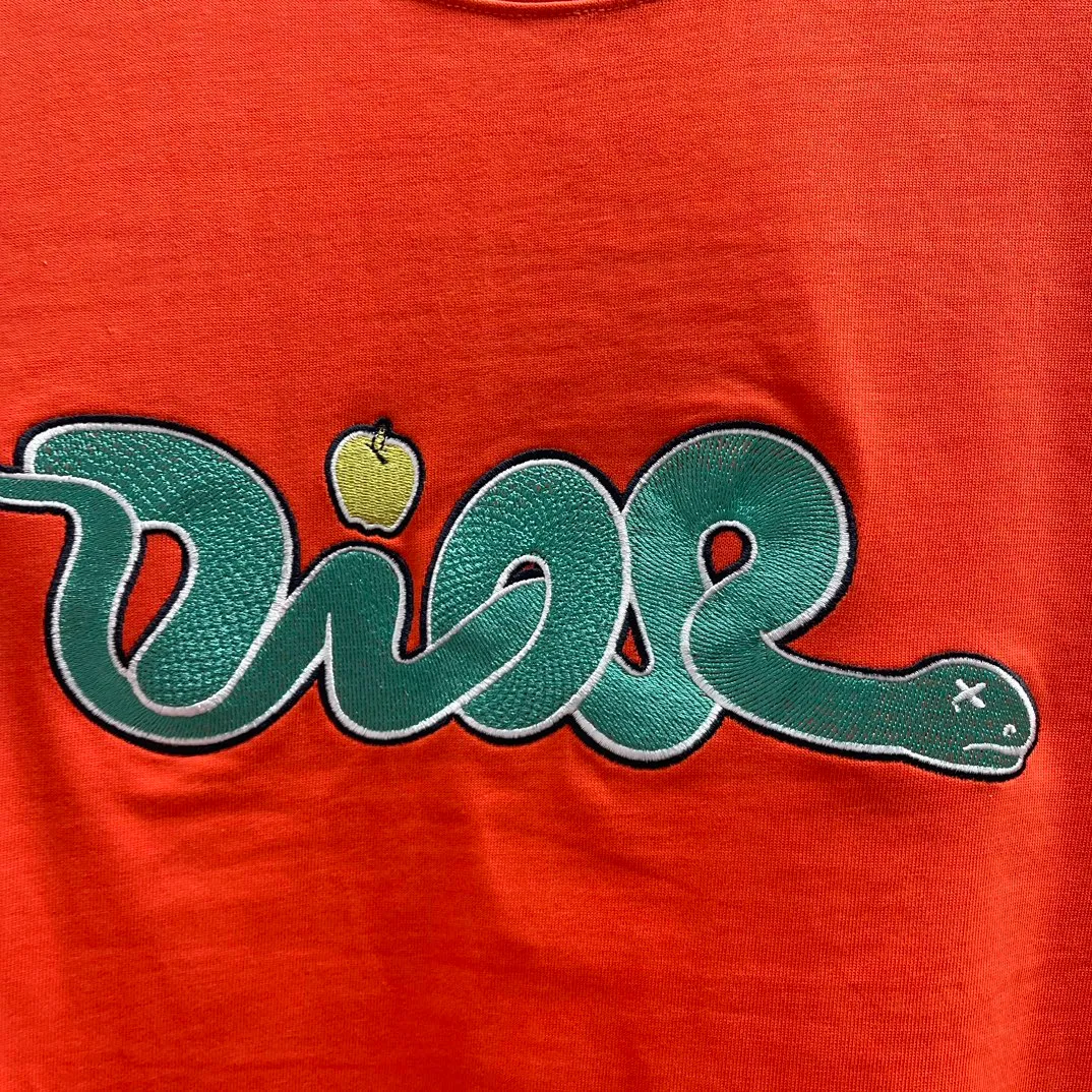 🅿️320 🧧CD 🐍Year Limited Colorful Embroidery🐍Short Sleeve Size: S-L This T-shirt is from the DIOR AND KAWVS limited series. Crafted from orange and red cotton jersey, it features green DIORAND KAWS embroidery on the chest and back, reinterpreting the Dior logo as a colorful snake. The hem highlights the contrasting design and can be paired with the limited collection of trousers for a stylish look.