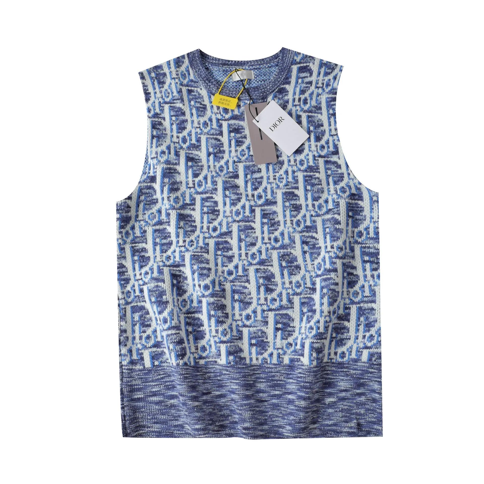 🅿️250 CD 2023 New Presbyopia Knitted Jacquard Vest Jay Chou's Same Style Blue Wool Fabric Oblique Printing Instructions This sleeveless sweater incorporates the D1or classic logo to reinterpret the classic sweater.  Crafted from blue wool jacquard, it's enhanced with the classic Oblique print all over. The comfortable fit with ribbed trim details makes it easy to put on and layer with a D1or T-shirt or shirt for an effortless yet stylish look. Oblique print throughout Ribbed crew neck and hem Sleeveless 100% virgin wool* Made in Italy Size: XS S M L