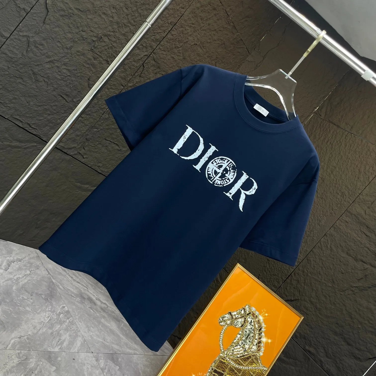🅿️170 Dio* Dior* 2025 spring and summer new short-sleeved T-shirt Heavy cotton letter pattern printing Color: Black White Night Blue Size: S M L XL XXL