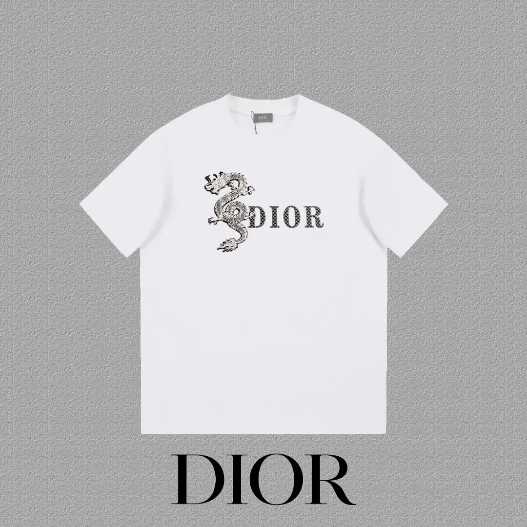 🅿️170 [DIOR Dior] 2025FW short-sleeved T-shirt LOGO printing High-end 26s double yarn 300g fabric Heavy fabric Customized frame ribbing in the same cylinder and dyeing Complete three standards Same style for men and women Color: Black White Size: S M L XL 2XL