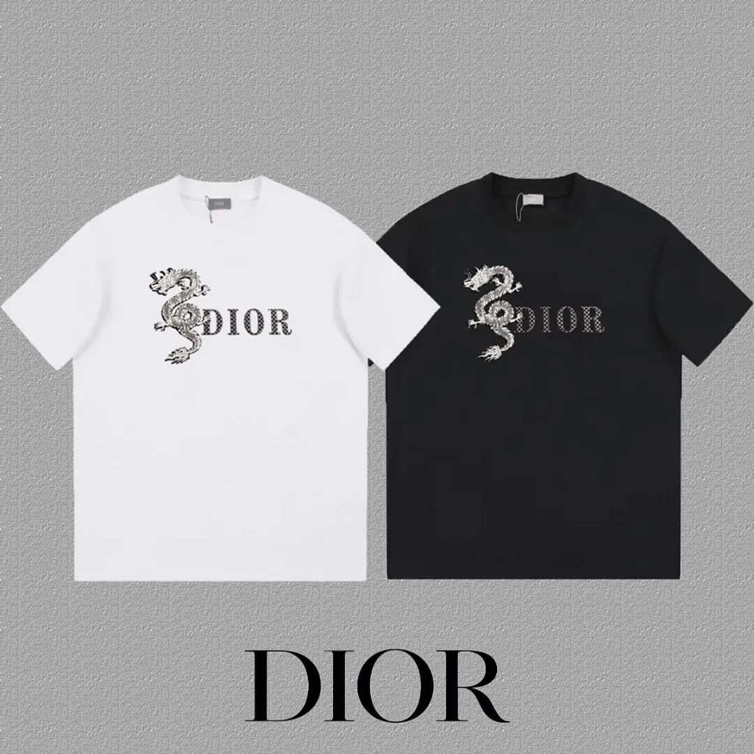 🅿️170 [DIOR Dior] 2025FW short-sleeved T-shirt LOGO printing High-end 26s double yarn 300g fabric Heavy fabric Customized frame ribbing in the same cylinder and dyeing Complete three standards Same style for men and women Color: Black White Size: S M L XL 2XL