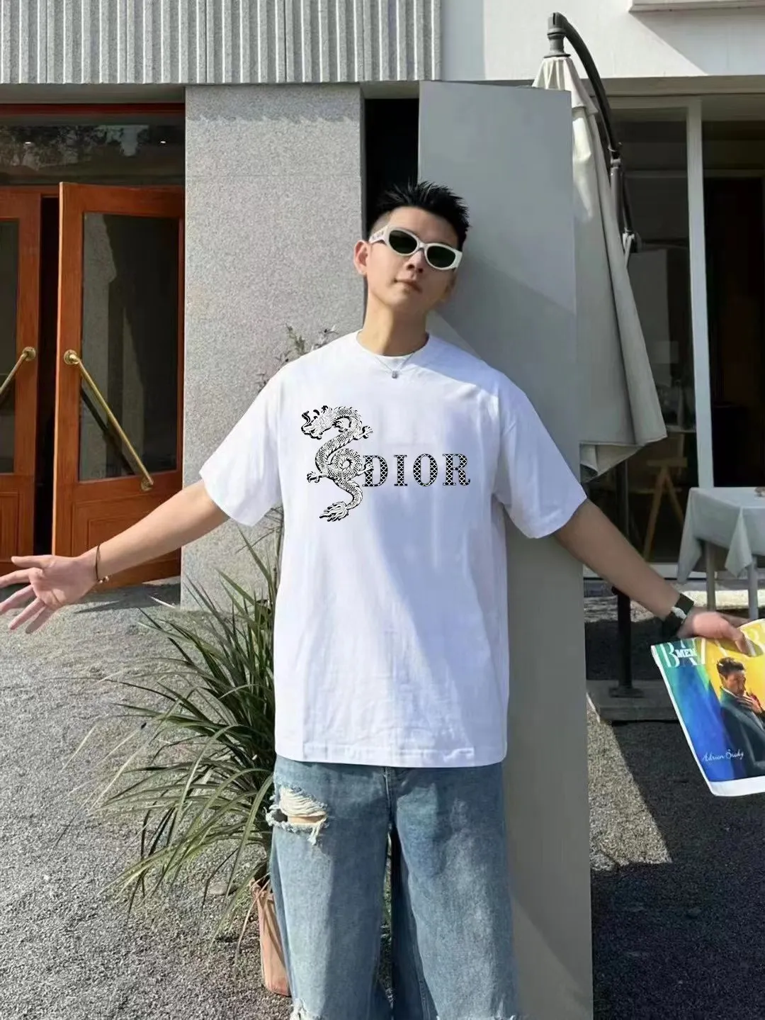 🅿️170 [DIOR Dior] 2025FW short-sleeved T-shirt LOGO printing High-end 26s double yarn 300g fabric Heavy fabric Customized frame ribbing in the same cylinder and dyeing Complete three standards Same style for men and women Color: Black White Size: S M L XL 2XL