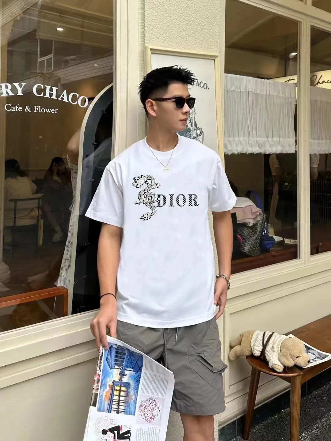 🅿️170 [DIOR Dior] 2025FW short-sleeved T-shirt LOGO printing High-end 26s double yarn 300g fabric Heavy fabric Customized frame ribbing in the same cylinder and dyeing Complete three standards Same style for men and women Color: Black White Size: S M L XL 2XL