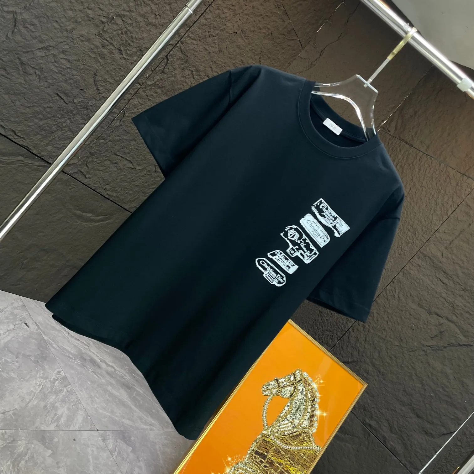 🅿️170 Dio* Dior* 2025 spring and summer new short-sleeved T-shirt Heavy cotton letter pattern printing Color: Black White Mint Green Size: S M L XL XXL